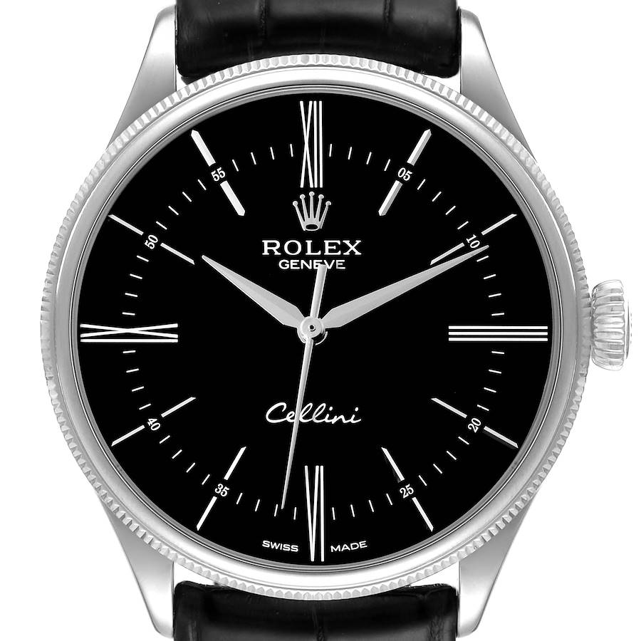 Rolex Cellini Dual Time White Gold Black Dial Mens Watch 50509 Box card SwissWatchExpo