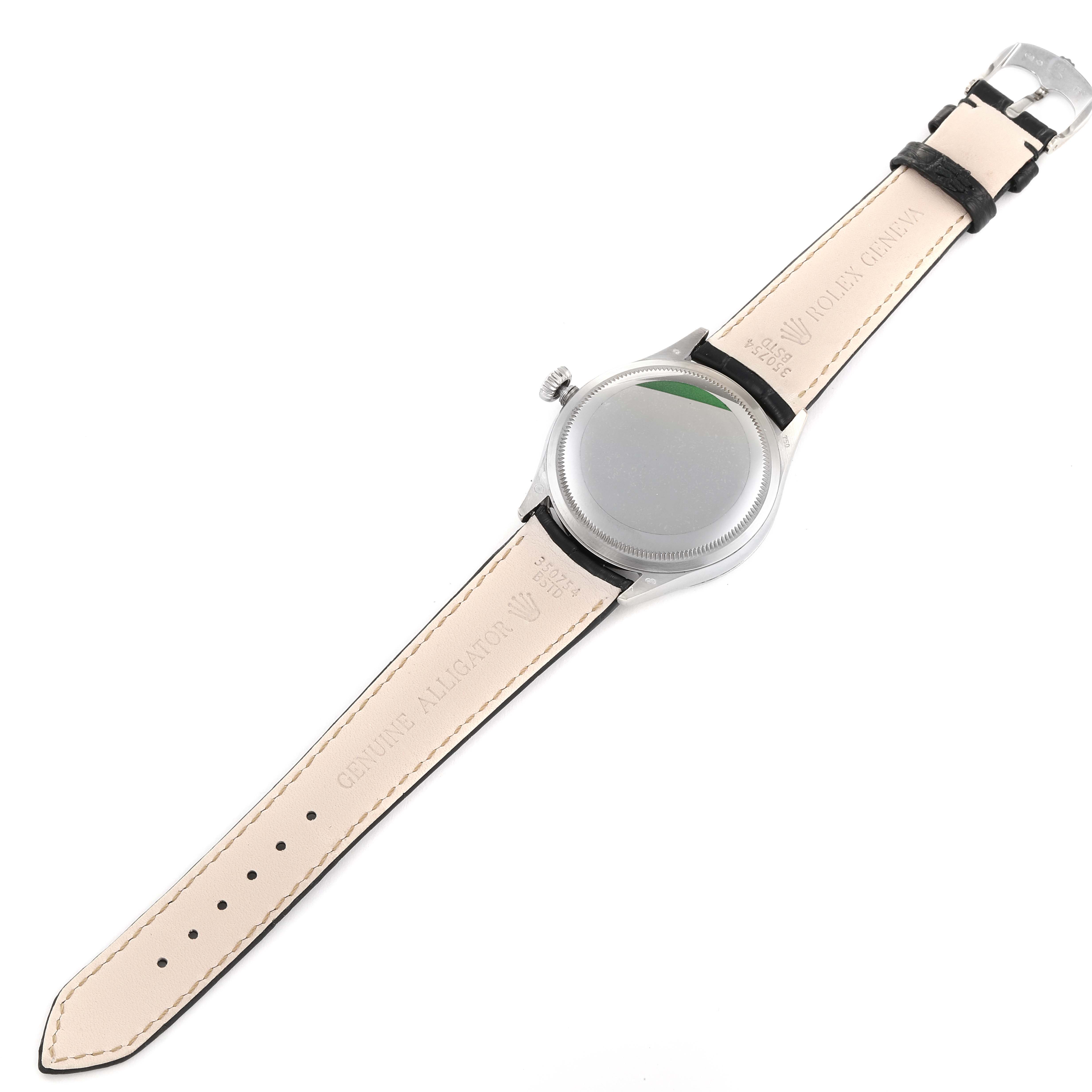 The image shows the back view of the Rolex Cellini 50509 Men's White Gold Black Dial 50509 Men's White Gold Black Dial watch with its leather straps fully extended.