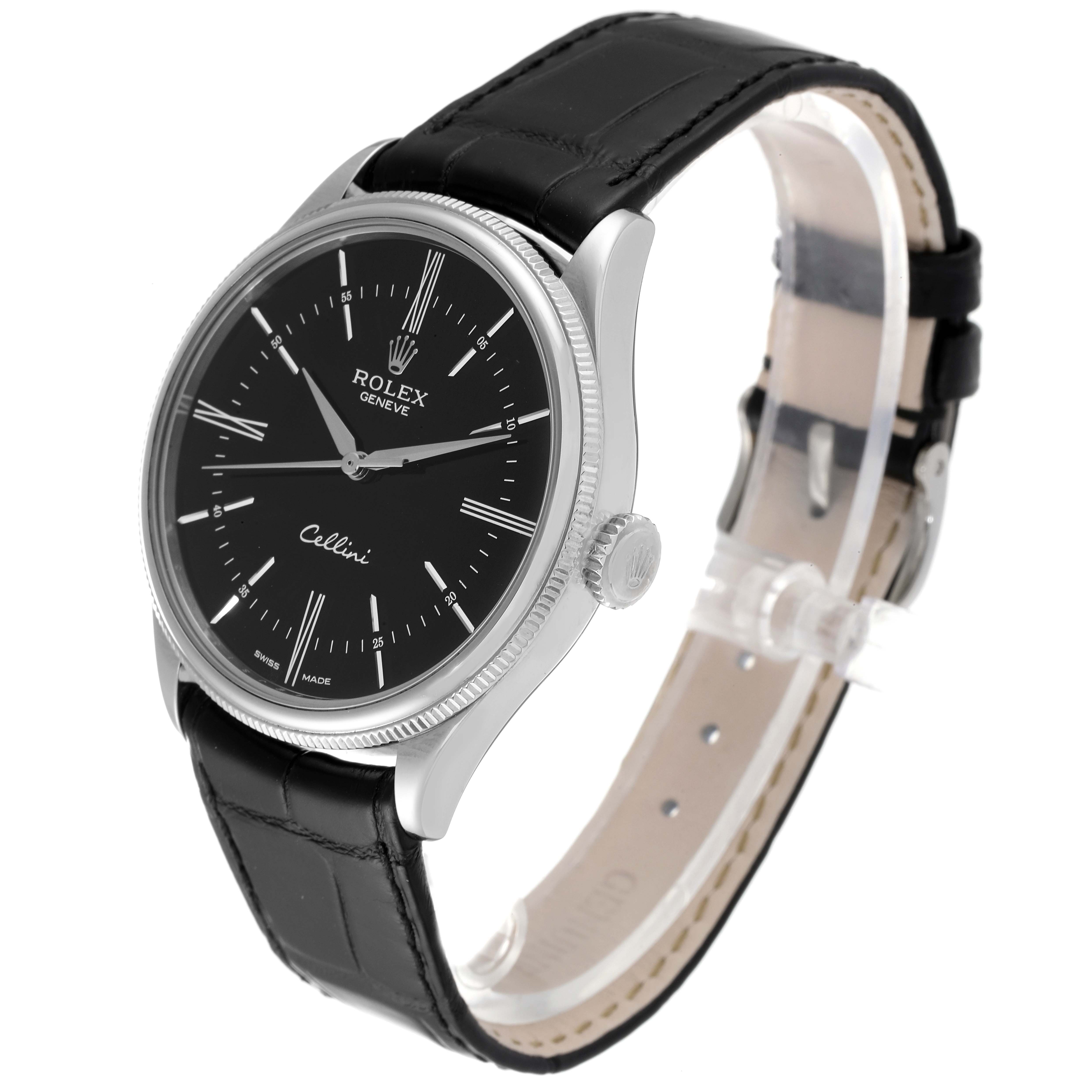 The image shows a angled view of a Rolex Cellini 50509 Men's White Gold Black Dial 50509 Men's White Gold Black Dial watch with a black leather strap, black dial, and silver case.