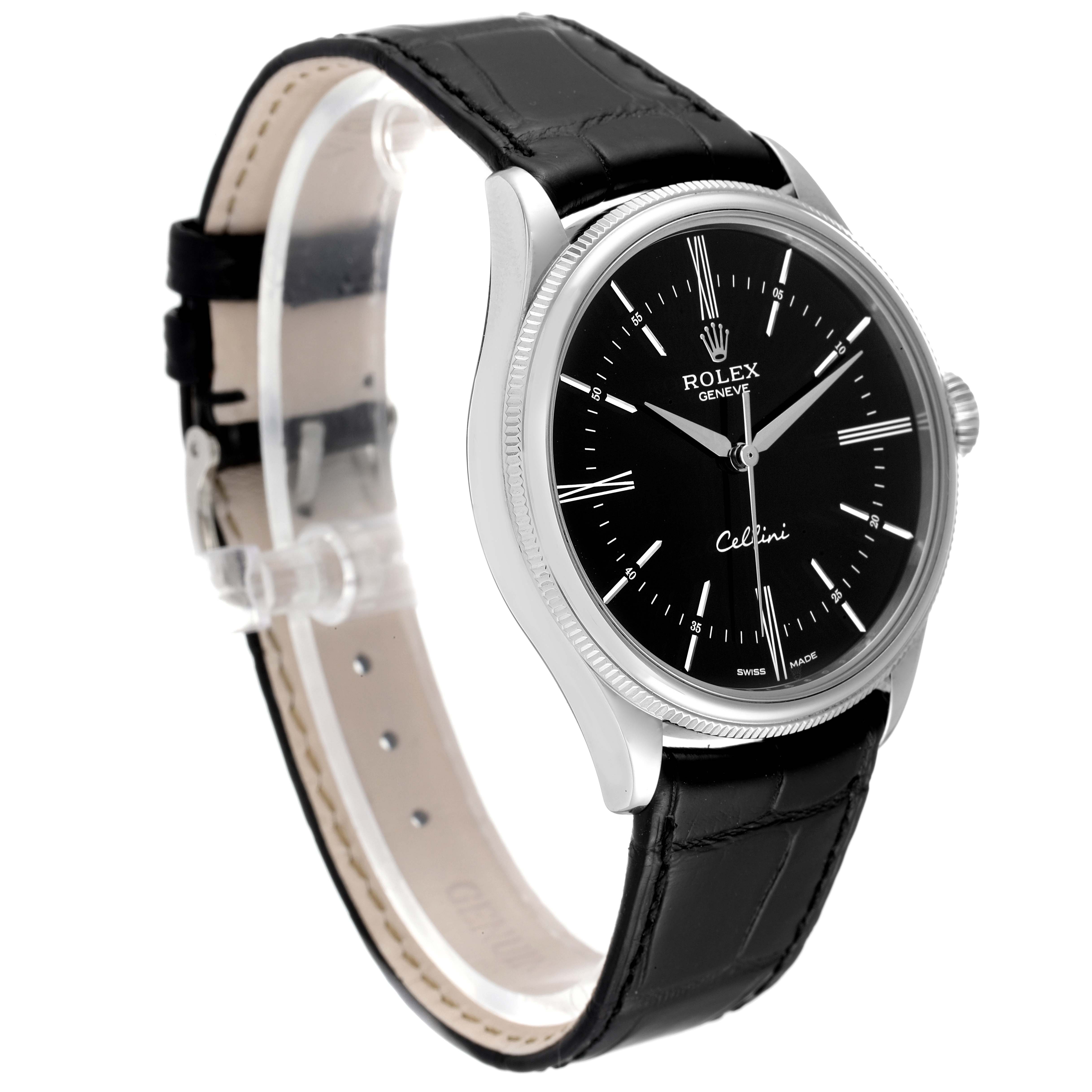 This image shows a Rolex Cellini 50509 Men's White Gold Black Dial 50509 Men's White Gold Black Dial watch at an angle, highlighting the black dial, silver case, and black leather strap.