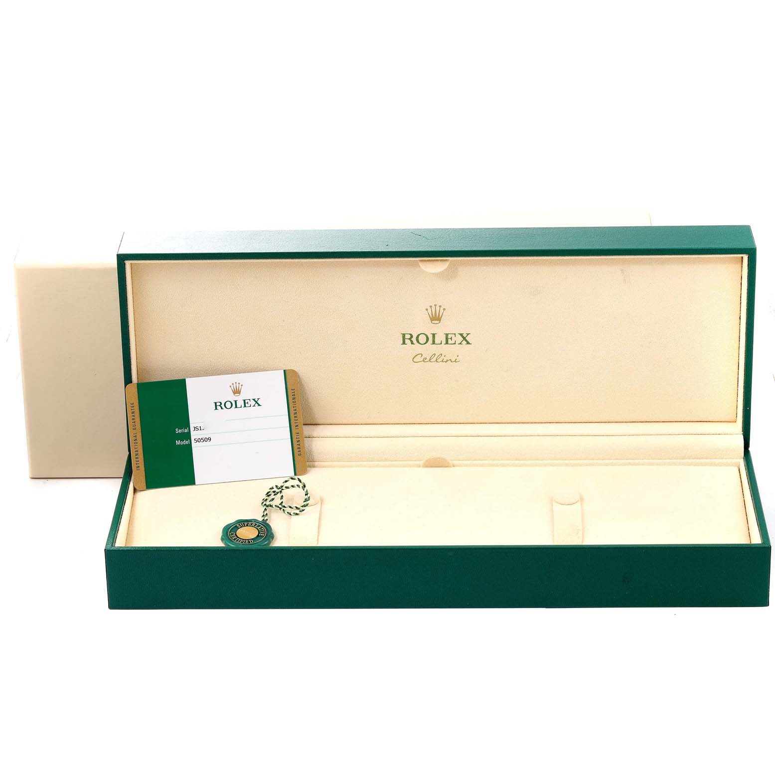 The image shows a Rolex Cellini 50509 Men's White Gold Black Dial 50509 Men's White Gold Black Dial watch box, an identification card, and a green tag, viewed from the front.