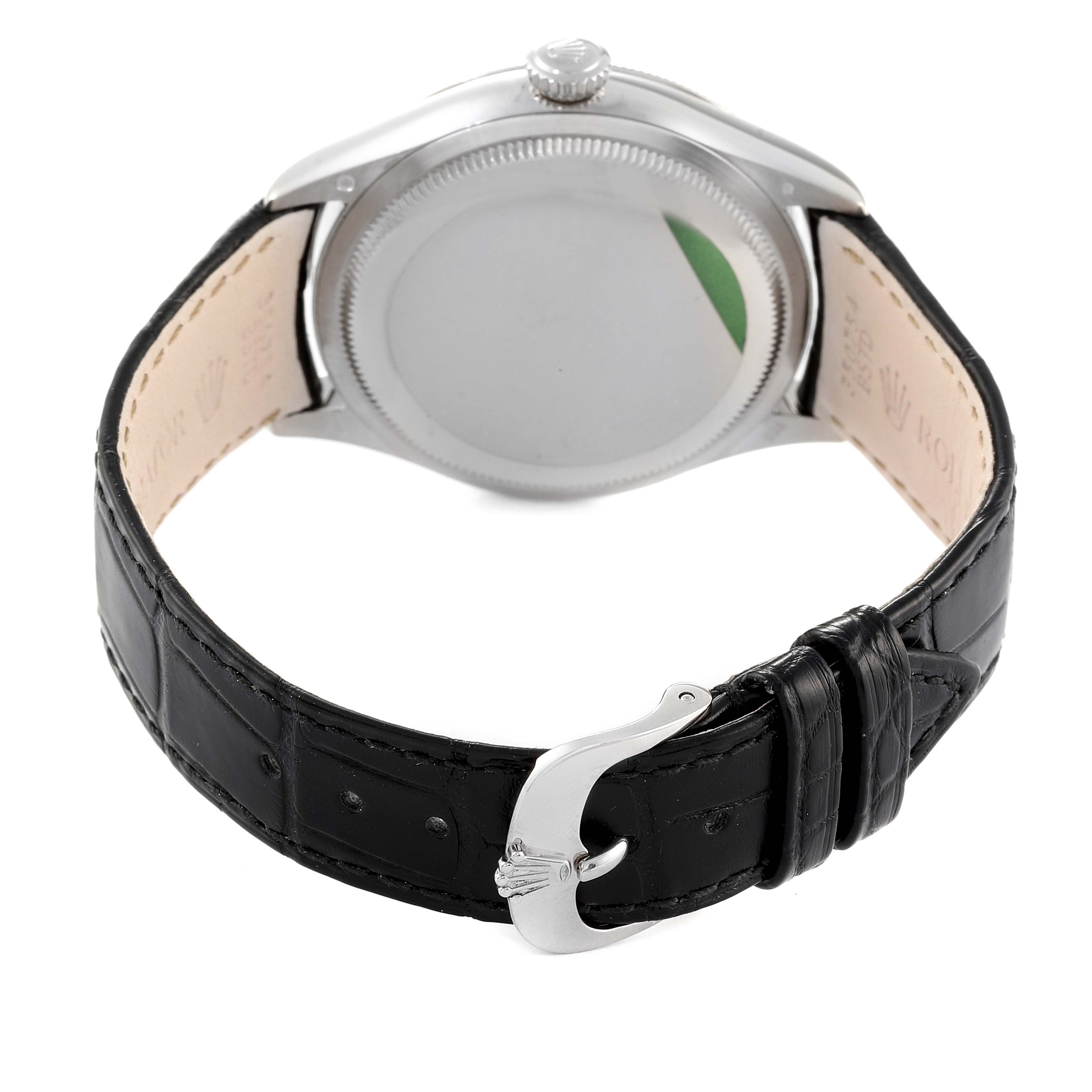 This image shows the back of the Rolex Cellini 50509 Men's White Gold Black Dial 50509 Men's White Gold Black Dial watch, focusing on its case, crown, and black leather strap.