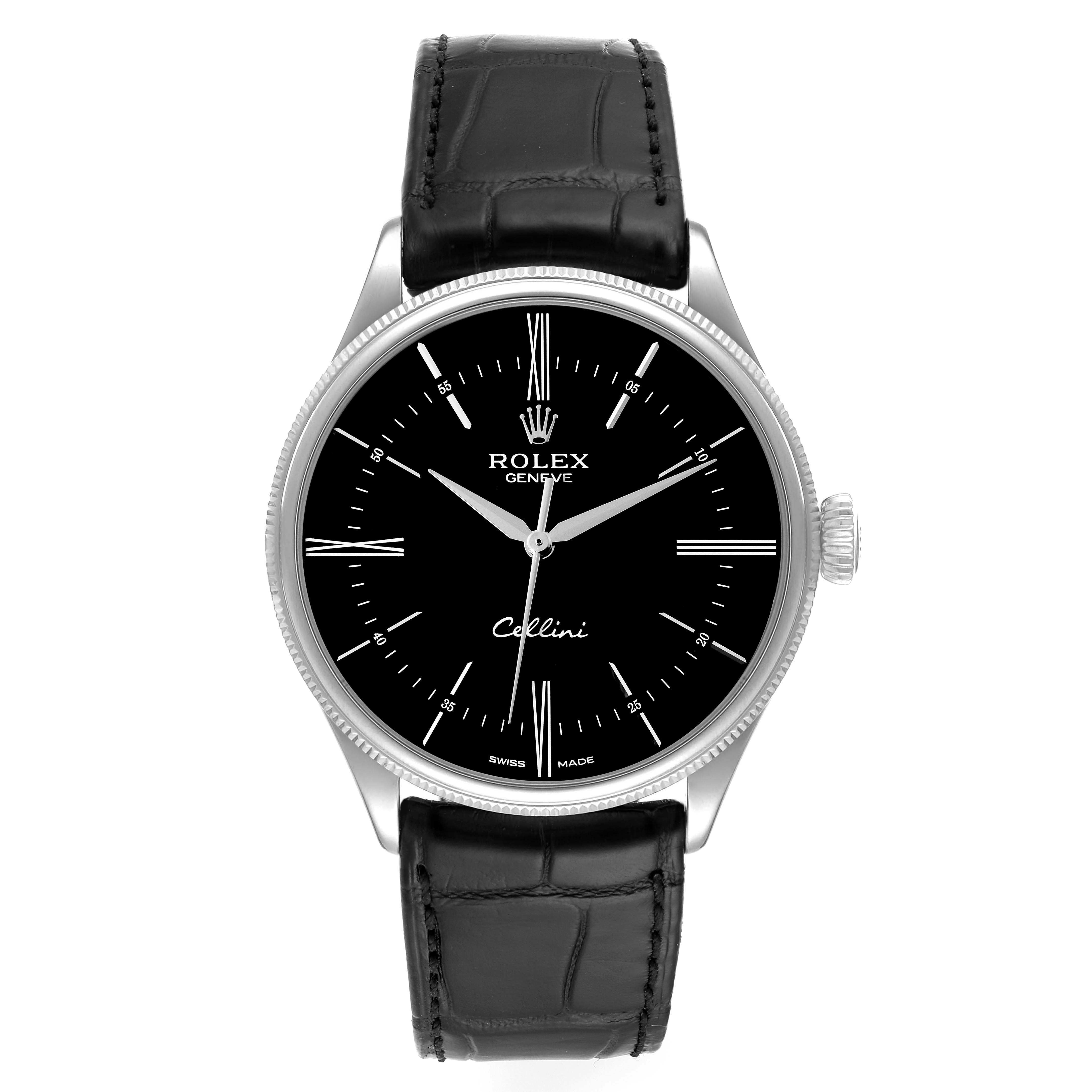 The image shows a frontal view of the Rolex Cellini 50509 Men's White Gold Black Dial 50509 Men's White Gold Black Dial watch, featuring its black dial, silver hands, and black leather strap.