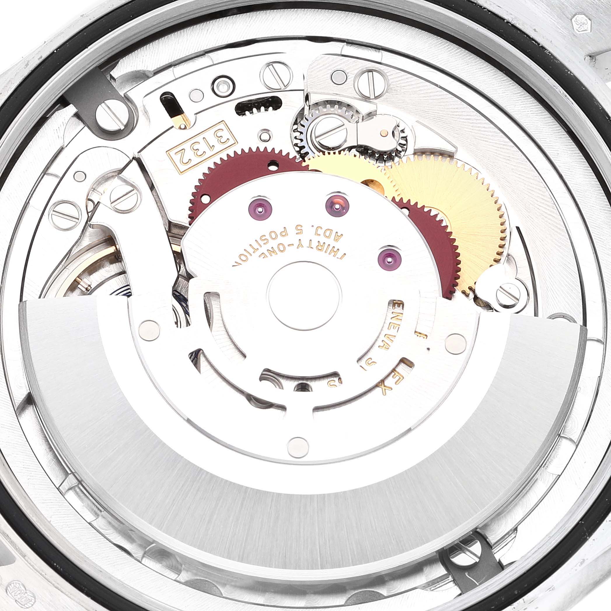 This image shows an up-close view of the inner mechanical components of a Rolex Cellini 50509 Men's White Gold Black Dial 50509 Men's White Gold Black Dial watch, highlighting its intricate gears and movements.