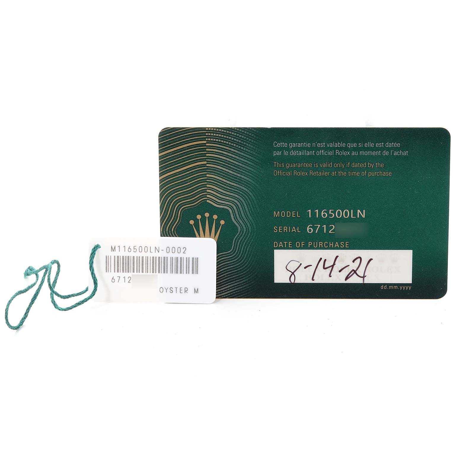 The image shows a warranty card and tag for a Rolex Daytona 116500 Men's Stainless Steel Black Dial 116500 Men's Stainless Steel Black Dial model M116500LN with a purchase date of 8-14-21.