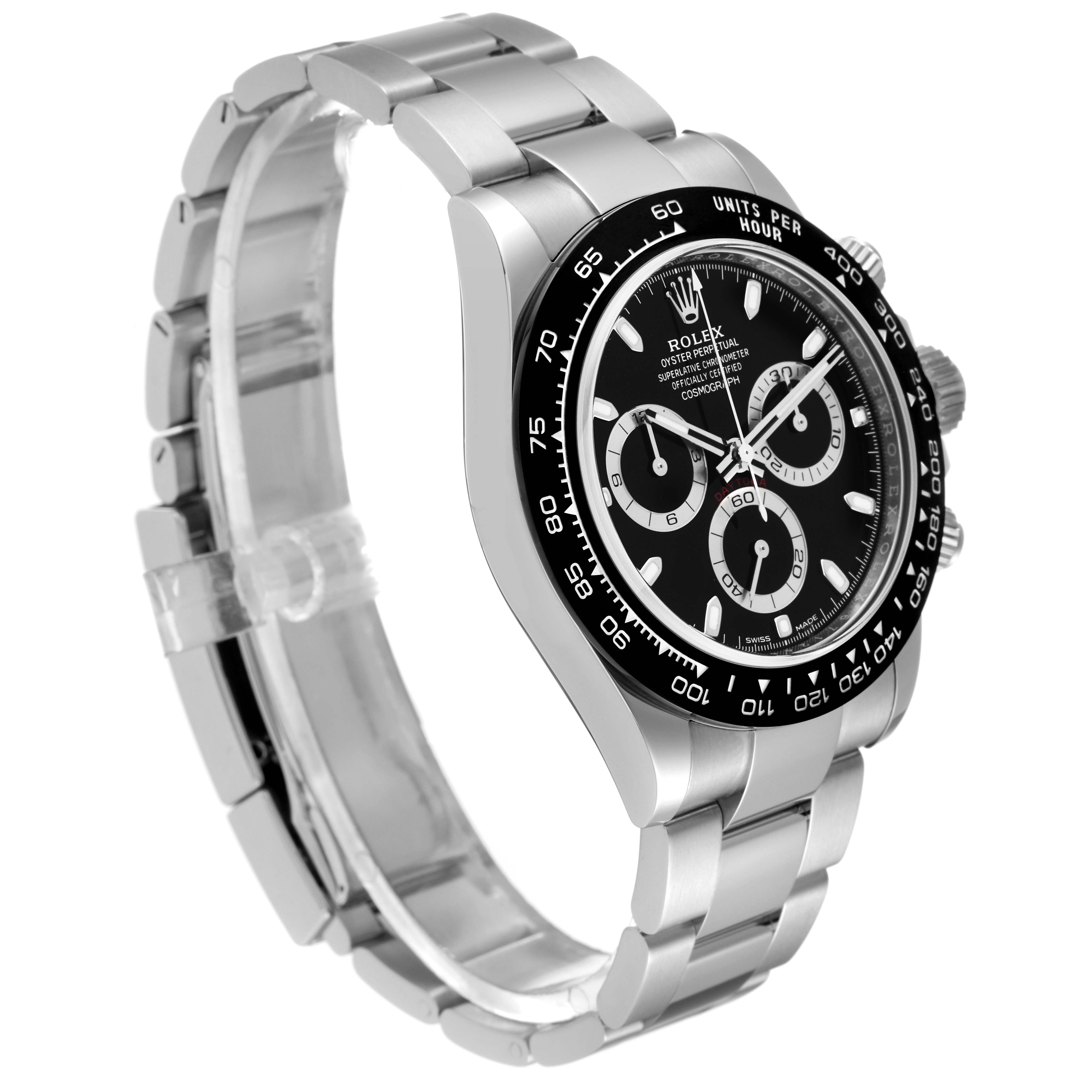 The image shows a side angle of a Rolex Daytona 116500 Men's Stainless Steel Black Dial 116500 Men's Stainless Steel Black Dial model, highlighting its black dial, tachymeter bezel, and stainless steel bracelet.