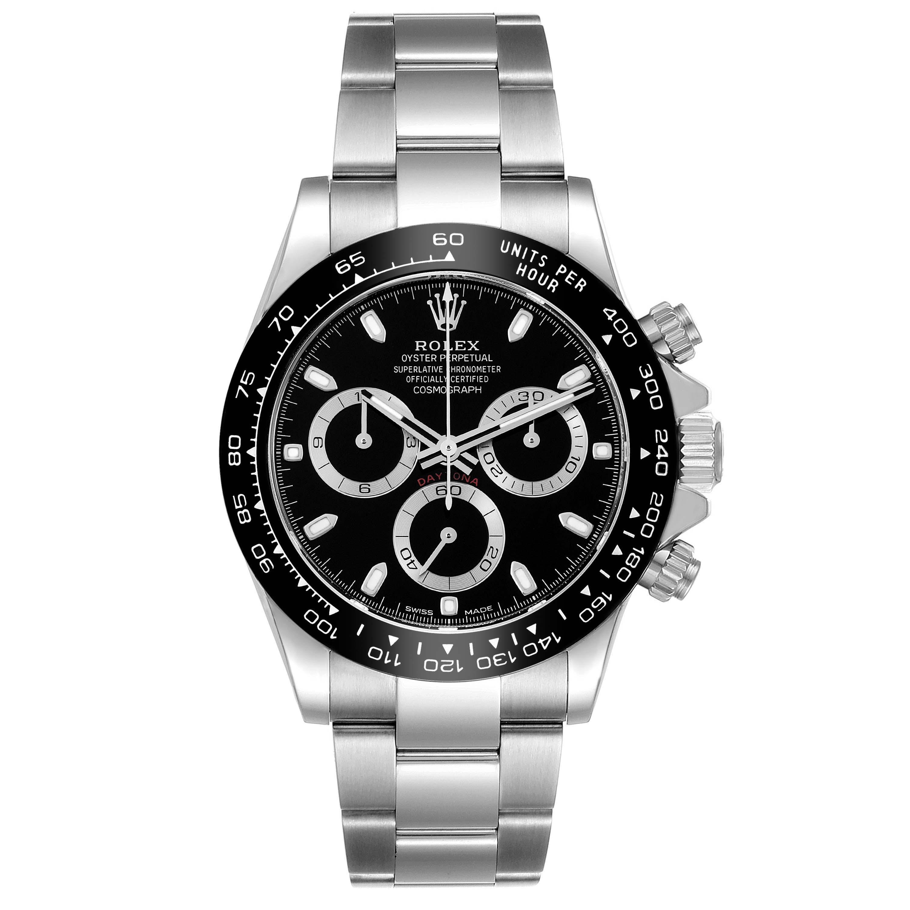 The image shows a front view of the Rolex Daytona 116500 Men's Stainless Steel Black Dial 116500 Men's Stainless Steel Black Dial watch, highlighting its bezel, dial, subdials, and bracelet.