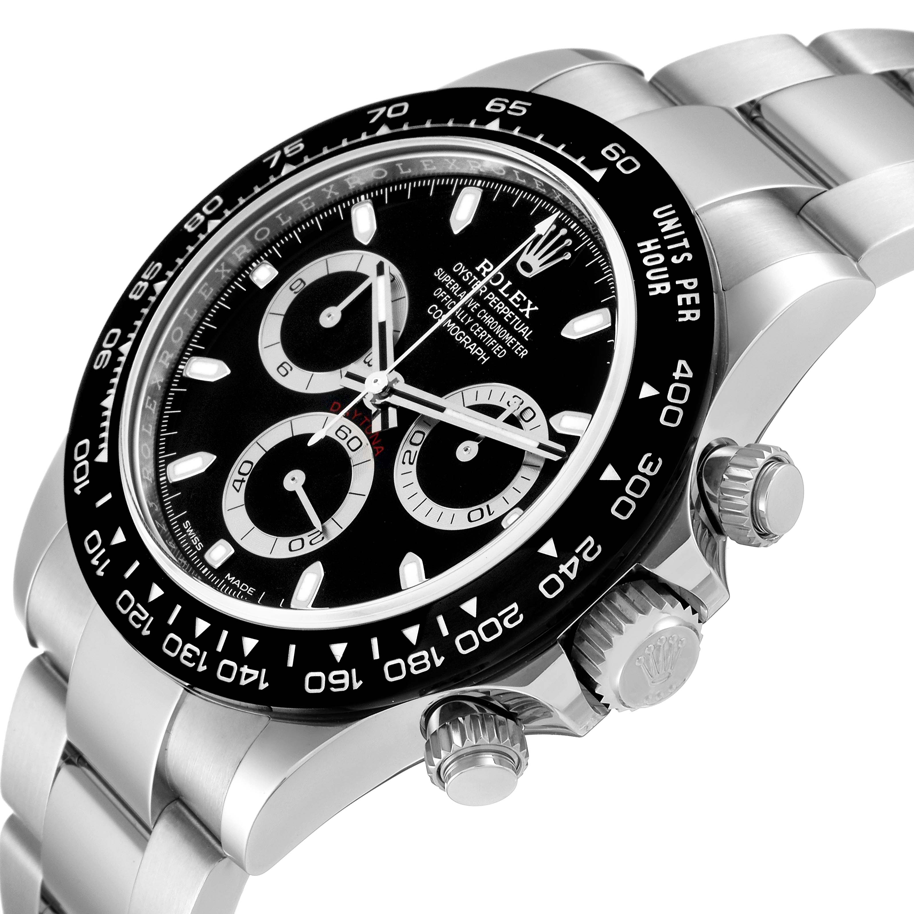 The image shows a side angle of the Rolex Daytona 116500 Men's Stainless Steel Black Dial 116500 Men's Stainless Steel Black Dial watch, featuring the face, bezel, crown, pushers, and part of the bracelet.
