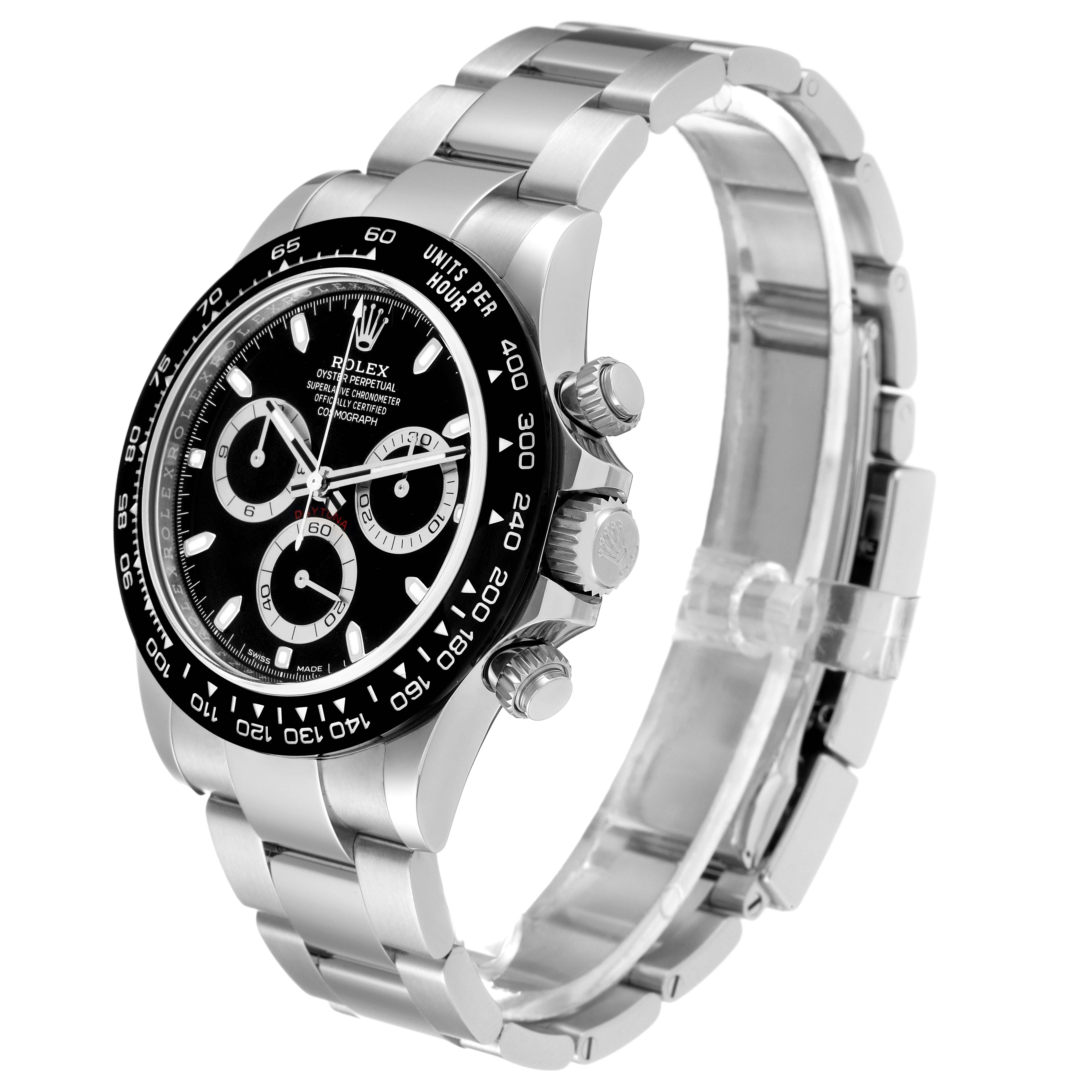 The image shows a side angle of a Rolex Daytona 116500 Men's Stainless Steel Black Dial 116500 Men's Stainless Steel Black Dial watch, displaying its case, dial, bezel, and bracelet.