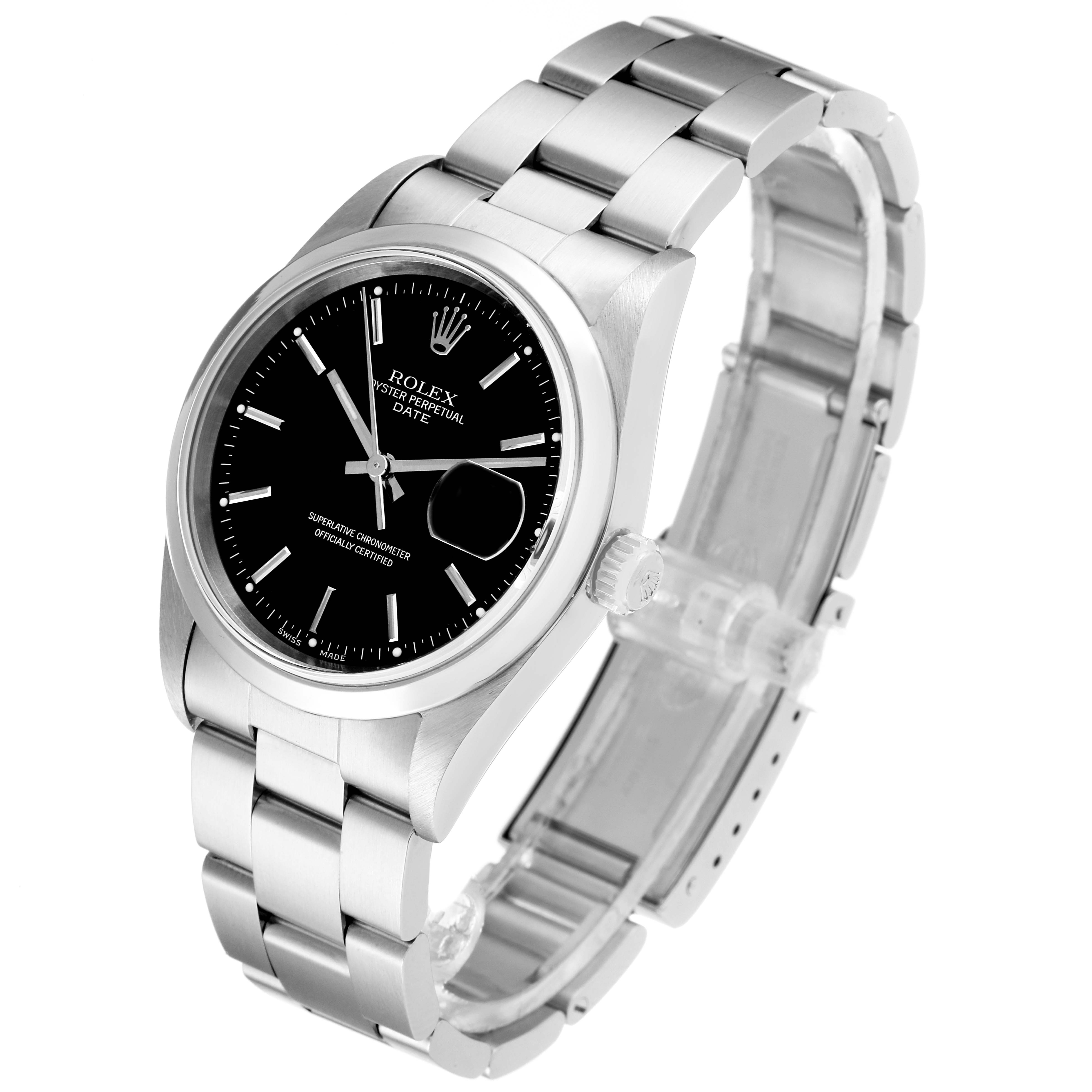 This image shows a Rolex Date 15200 Men's Stainless Steel Black Dial 15200 Men's Stainless Steel Black Dial model wristwatch at a slight angle, highlighting the dial, case, crown, and bracelet.