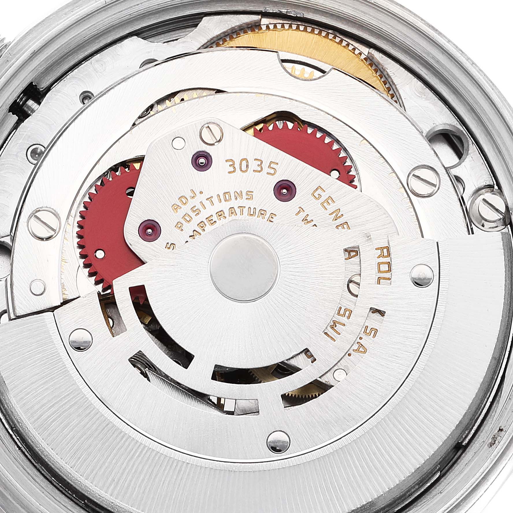 This image shows a close-up of the internal movement mechanism of a Rolex Vintage Collection 15000 Men
s Stainless Steel Silver Dial 15000 Men
s Stainless Steel Silver Dial model 3035.