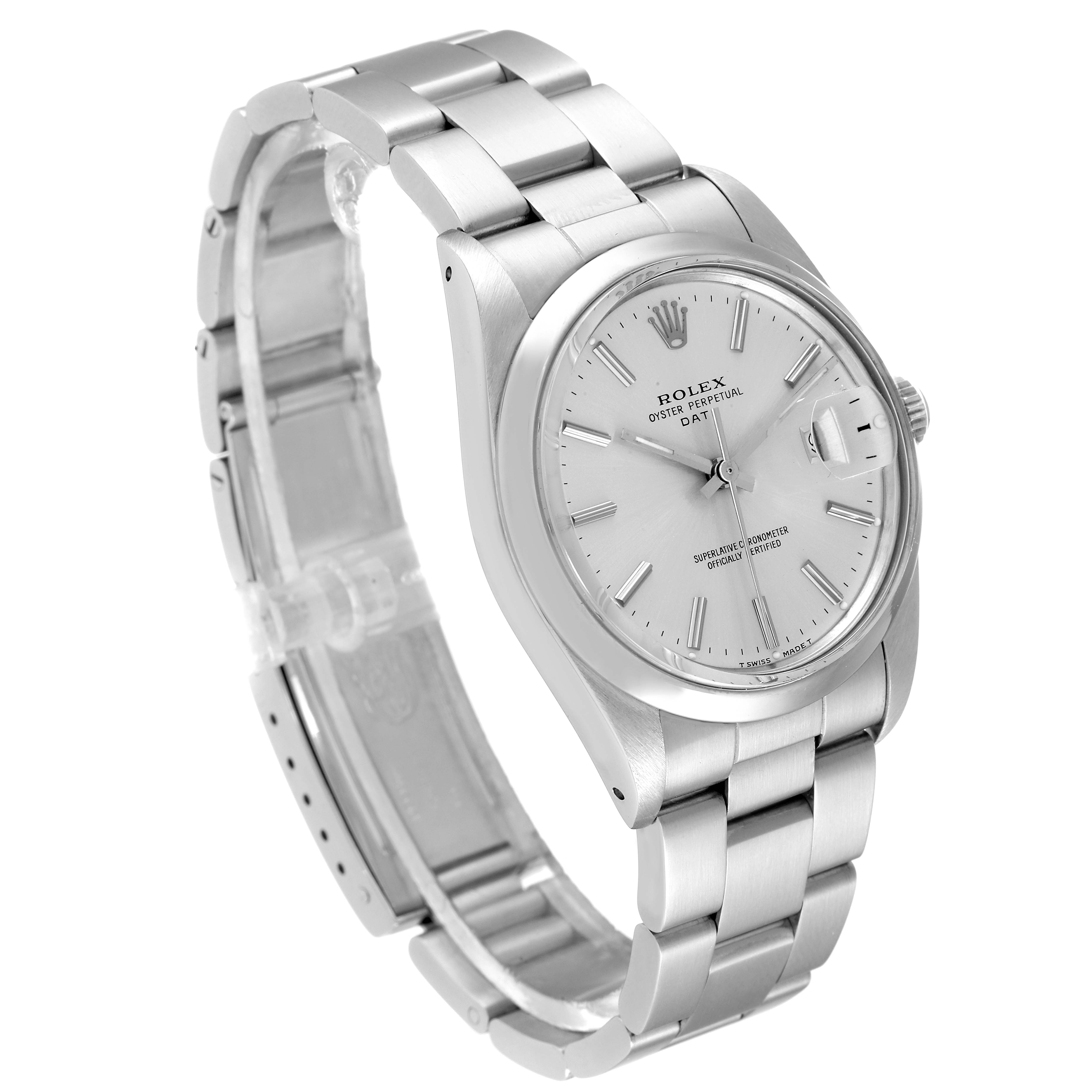 The image shows a Rolex Vintage Collection 15000 Men
s Stainless Steel Silver Dial 15000 Men
s Stainless Steel Silver Dial watch from a 3/4 angle, displaying its silver bracelet, clasp, dial, and case.