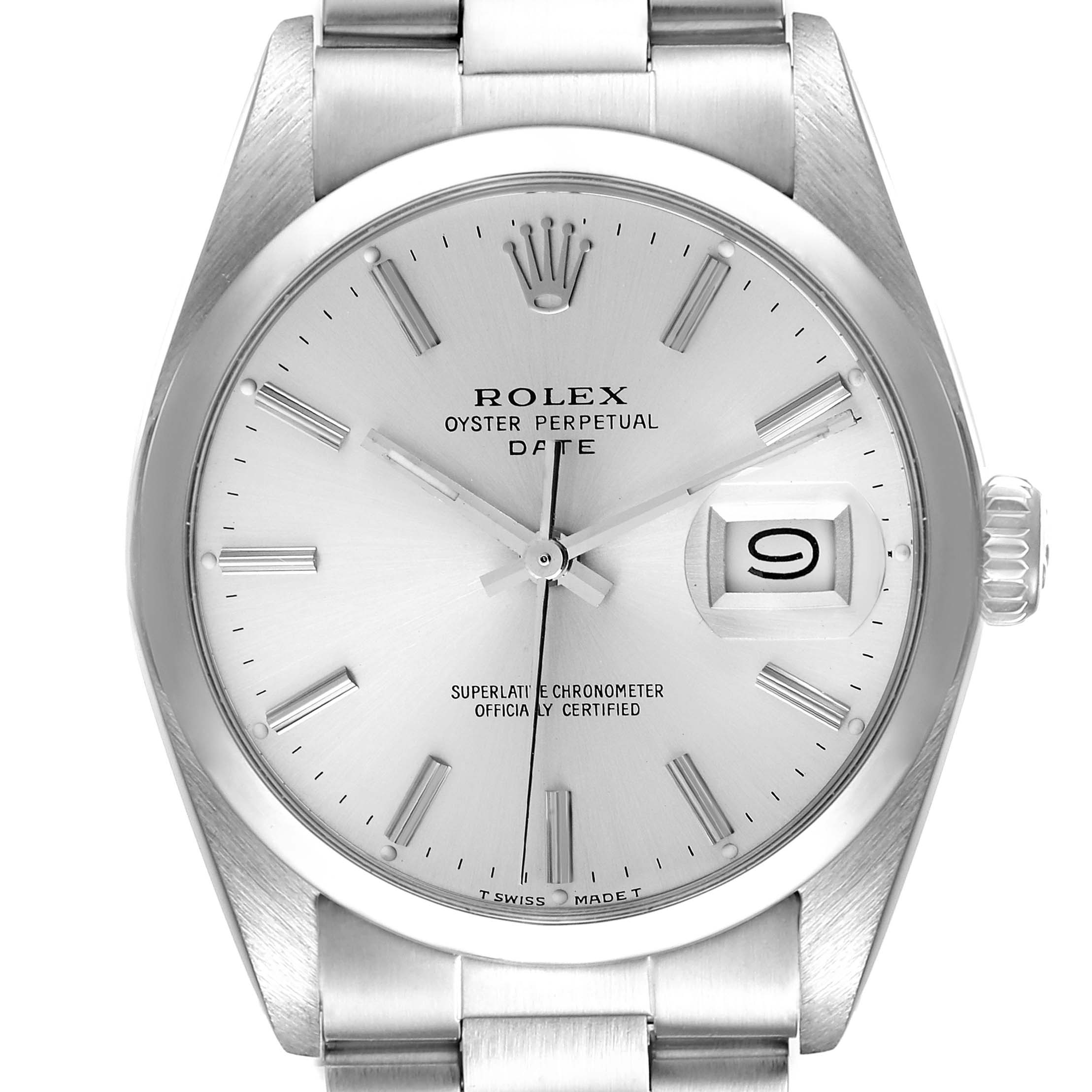 The image shows a front view of the Rolex Vintage Collection 15000 Men
s Stainless Steel Silver Dial 15000 Men
s Stainless Steel Silver Dial Oyster Perpetual Date watch, highlighting its dial and date display.