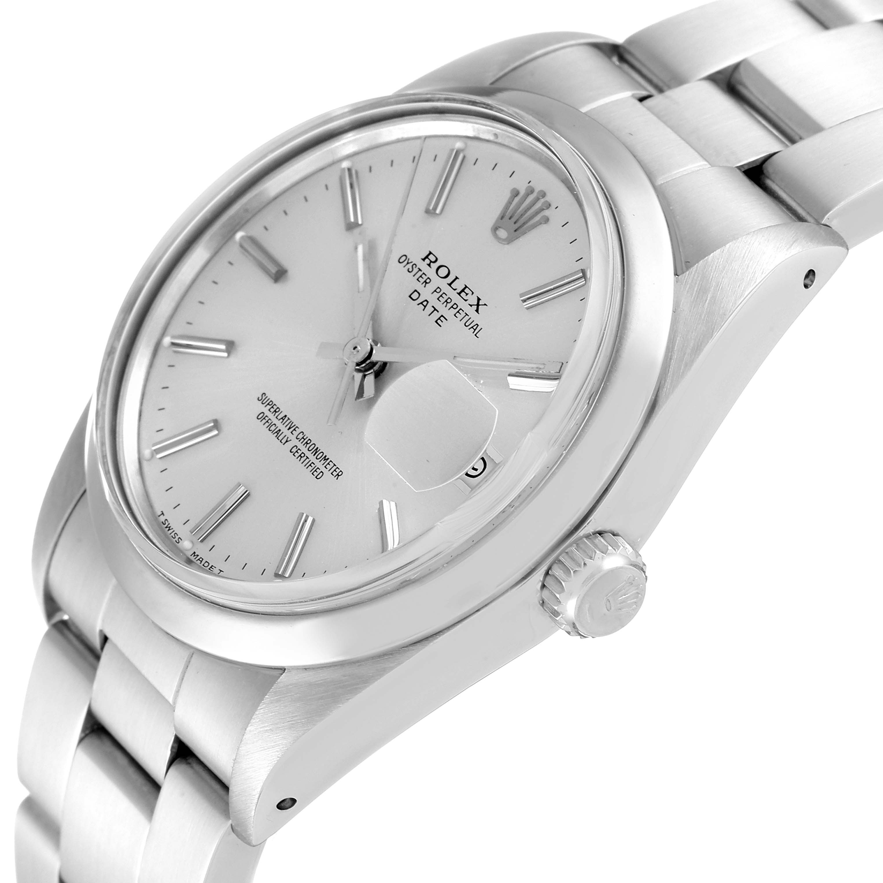 The image shows a side angle of the Rolex Vintage Collection 15000 Men
s Stainless Steel Silver Dial 15000 Men
s Stainless Steel Silver Dial watch, highlighting the dial, crown, and part of the bracelet.