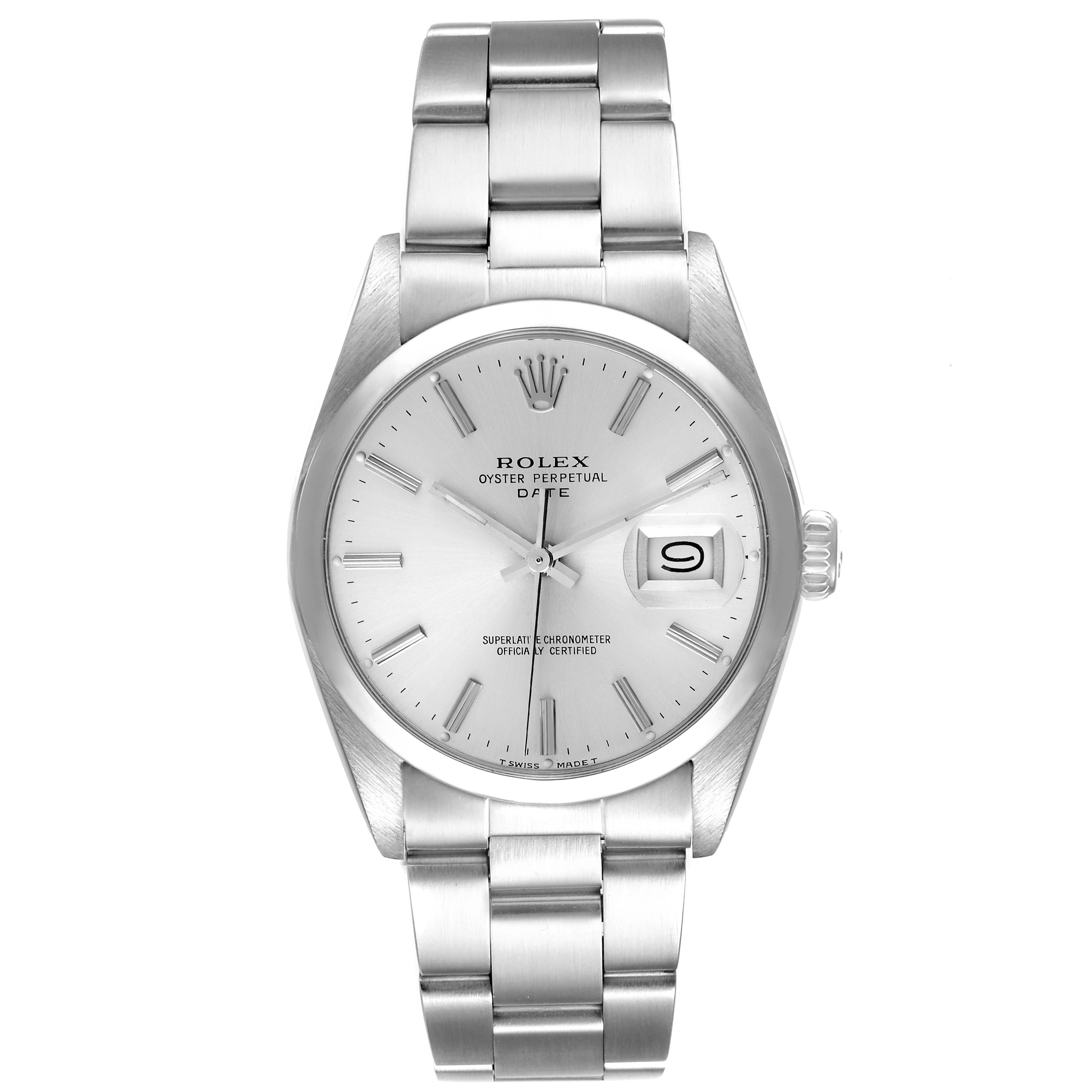 This is a front view of the Rolex Vintage Collection 15000 Men
s Stainless Steel Silver Dial 15000 Men
s Stainless Steel Silver Dial Oyster Perpetual Date watch, showing the dial, bracelet, and clasp.
