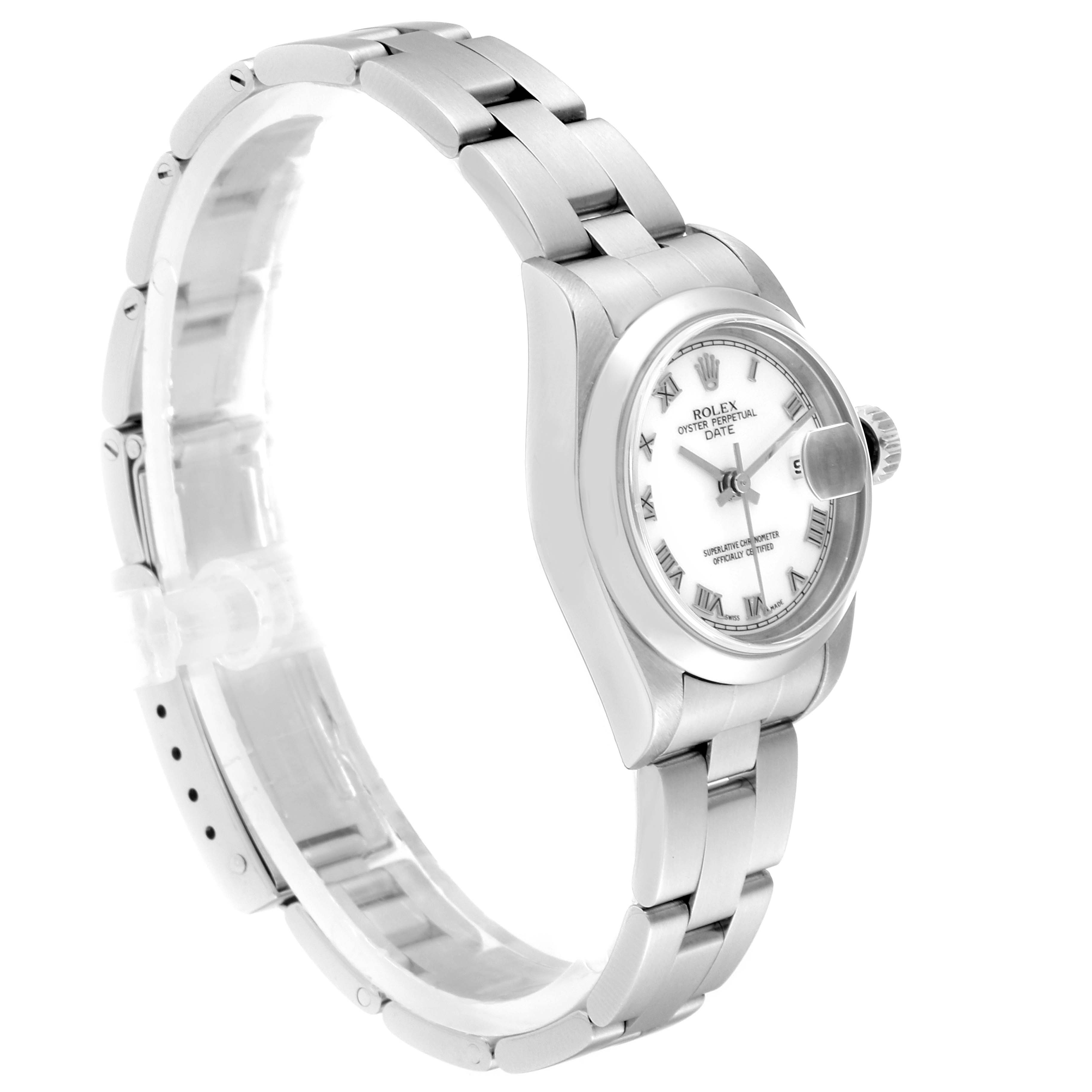 The Rolex Date 79160  Women
s Stainless Steel White Dial 79160  Women
s Stainless Steel White Dial model watch is shown at an angled side view, highlighting the dial, bracelet, and crown.