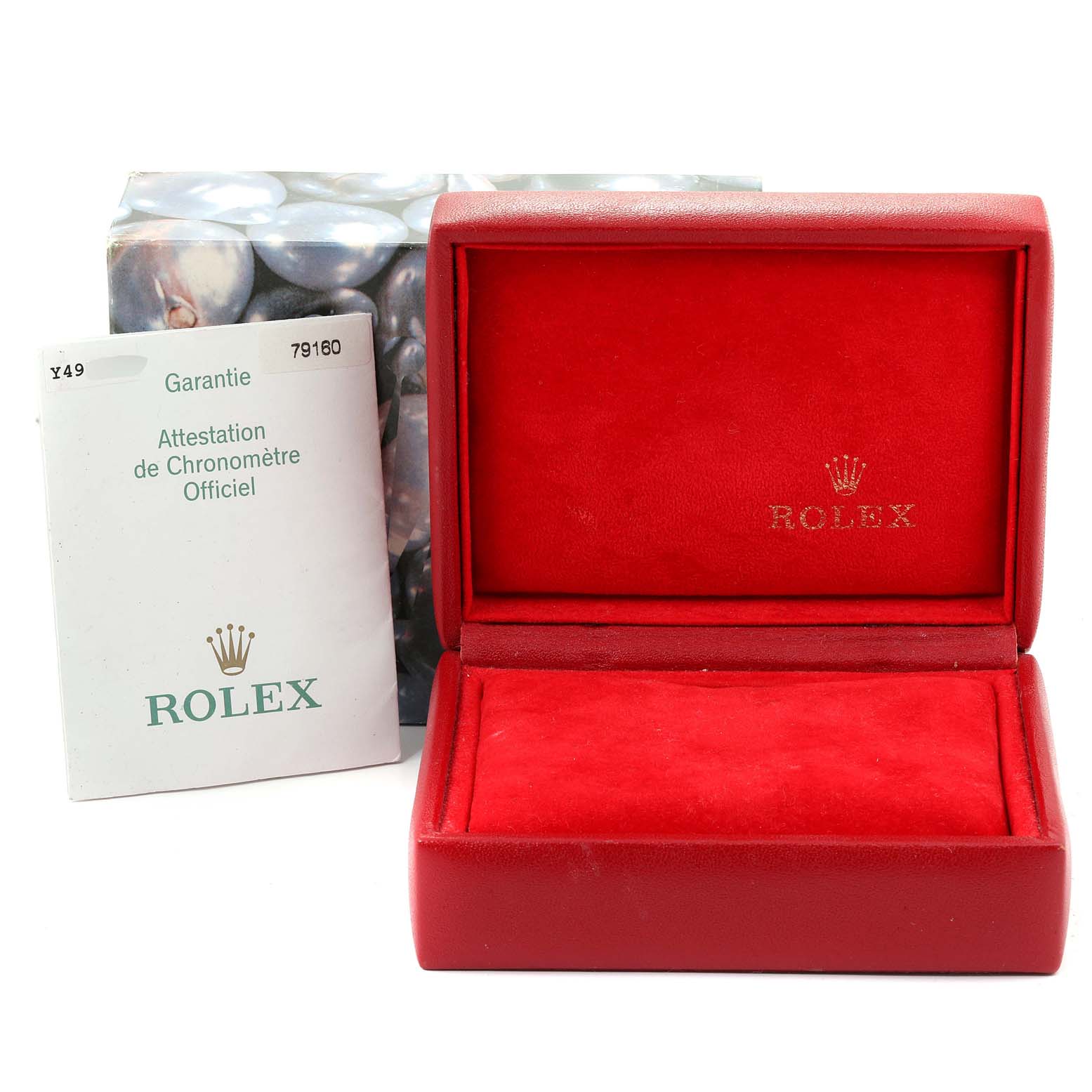 The image shows an empty red Rolex box for the Date model and a Rolex certificate of Best Quality
ity.