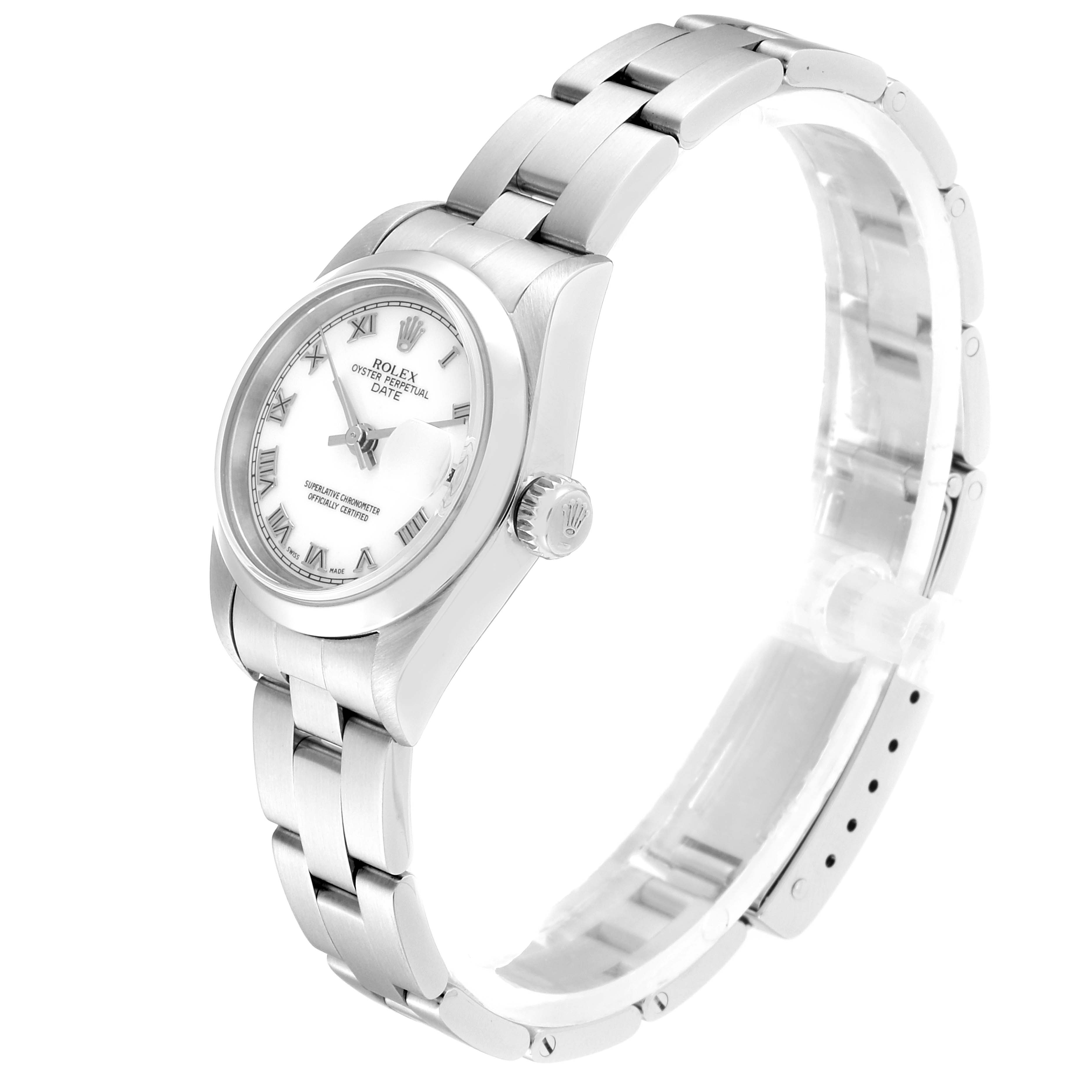 This image shows the Rolex Date 79160  Women
s Stainless Steel White Dial 79160  Women
s Stainless Steel White Dial model watch at an angled view, highlighting the face, bezel, crown, and metal bracelet.