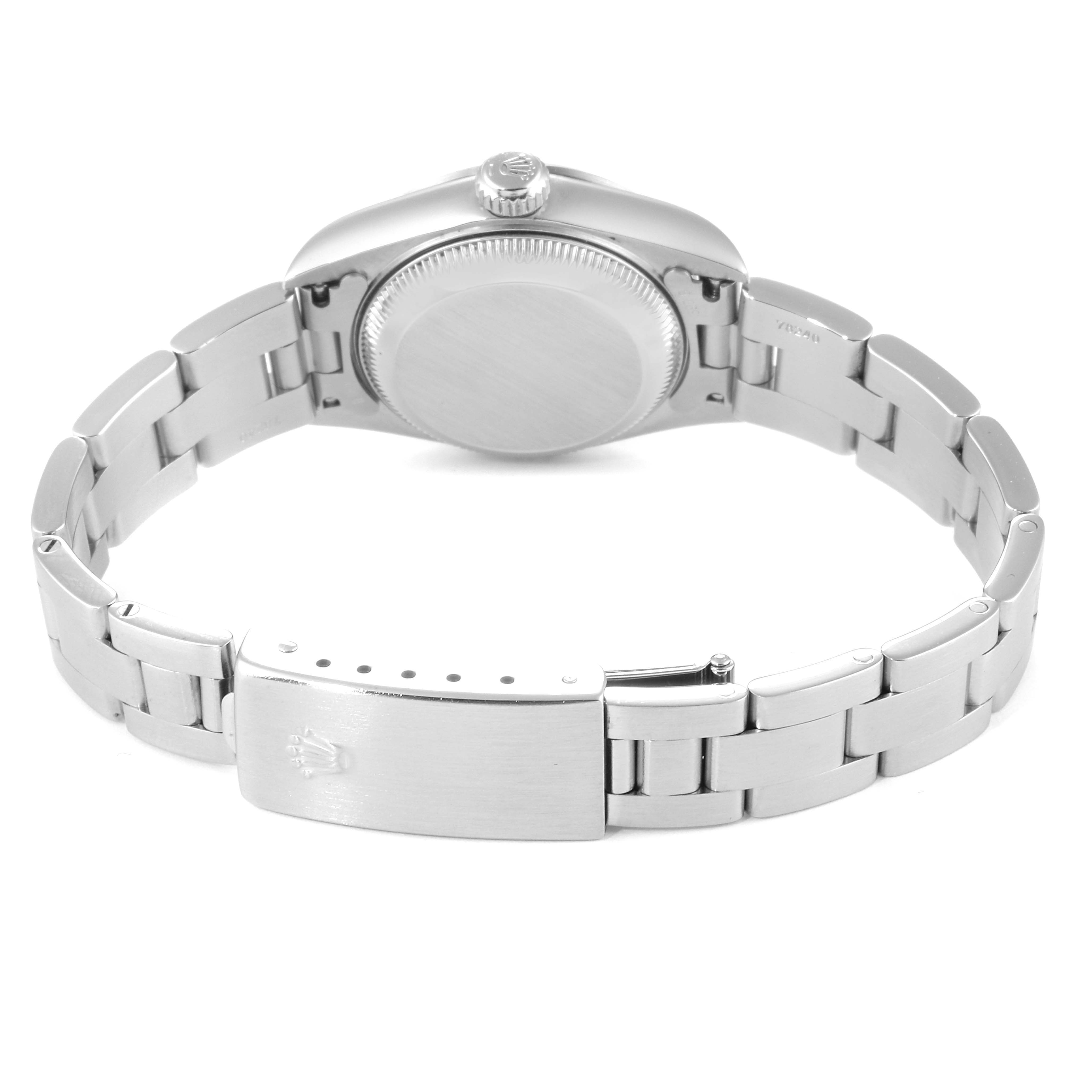 The image shows the case back, crown, and bracelet of a Rolex Date 79160  Women
s Stainless Steel White Dial 79160  Women
s Stainless Steel White Dial model watch from the rear angle.