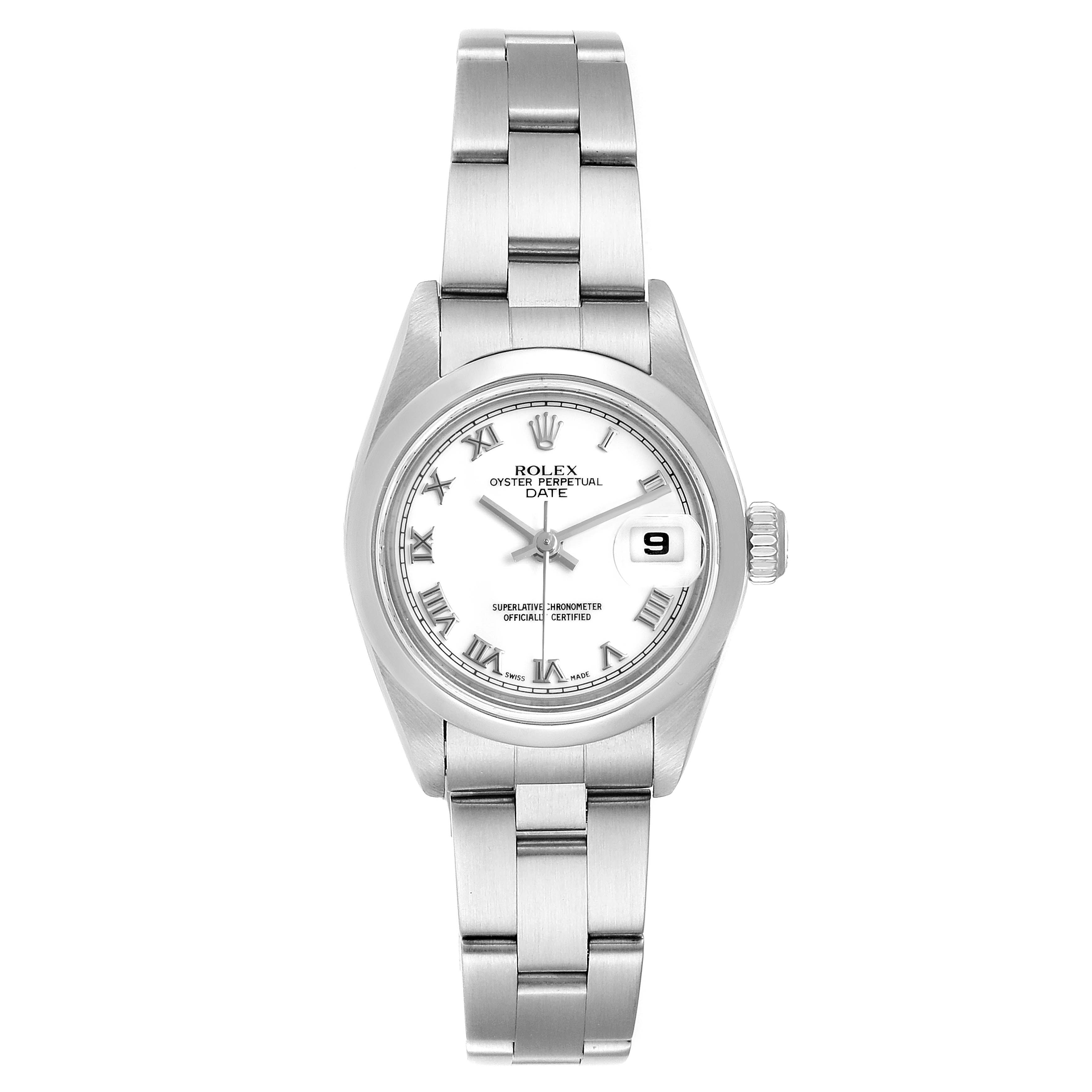The Rolex Date 79160  Women
s Stainless Steel White Dial 79160  Women
s Stainless Steel White Dial model watch is shown from a top-down view, highlighting the face, bezel, crown, and bracelet.