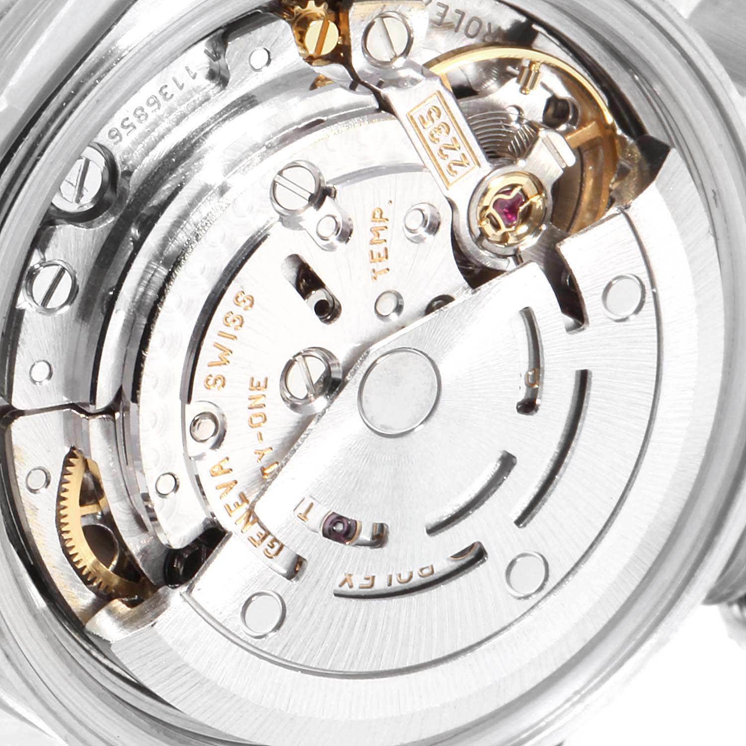 This image shows a close-up view of the movement mechanism of a Rolex Date 79160  Women
s Stainless Steel White Dial 79160  Women
s Stainless Steel White Dial model.