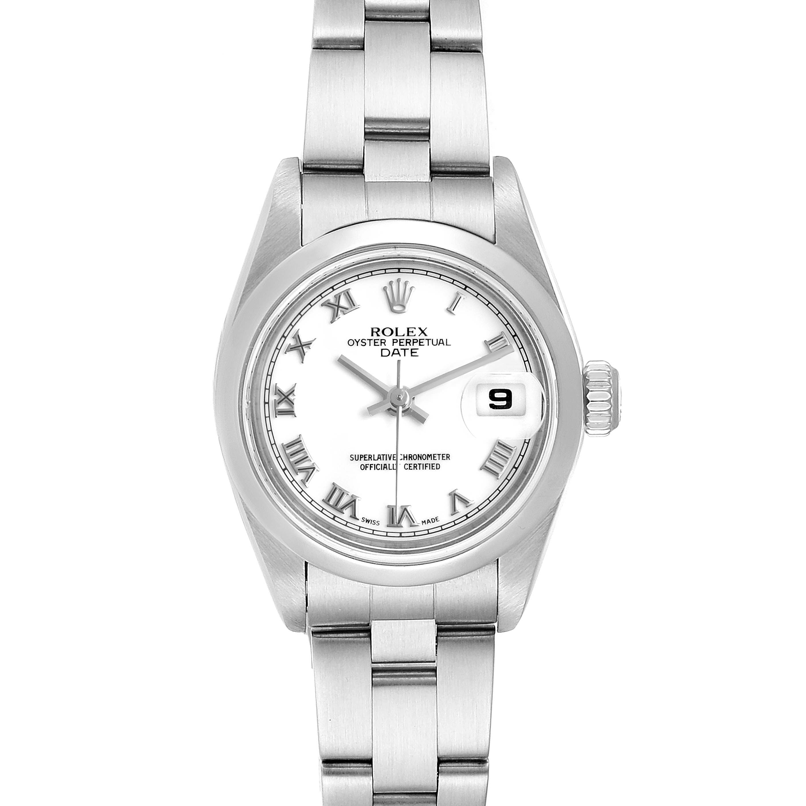 The image shows a front view of the Rolex Date 79160  Women
s Stainless Steel White Dial 79160  Women
s Stainless Steel White Dial model watch, featuring the dial, case, bezel, crown, and bracelet.