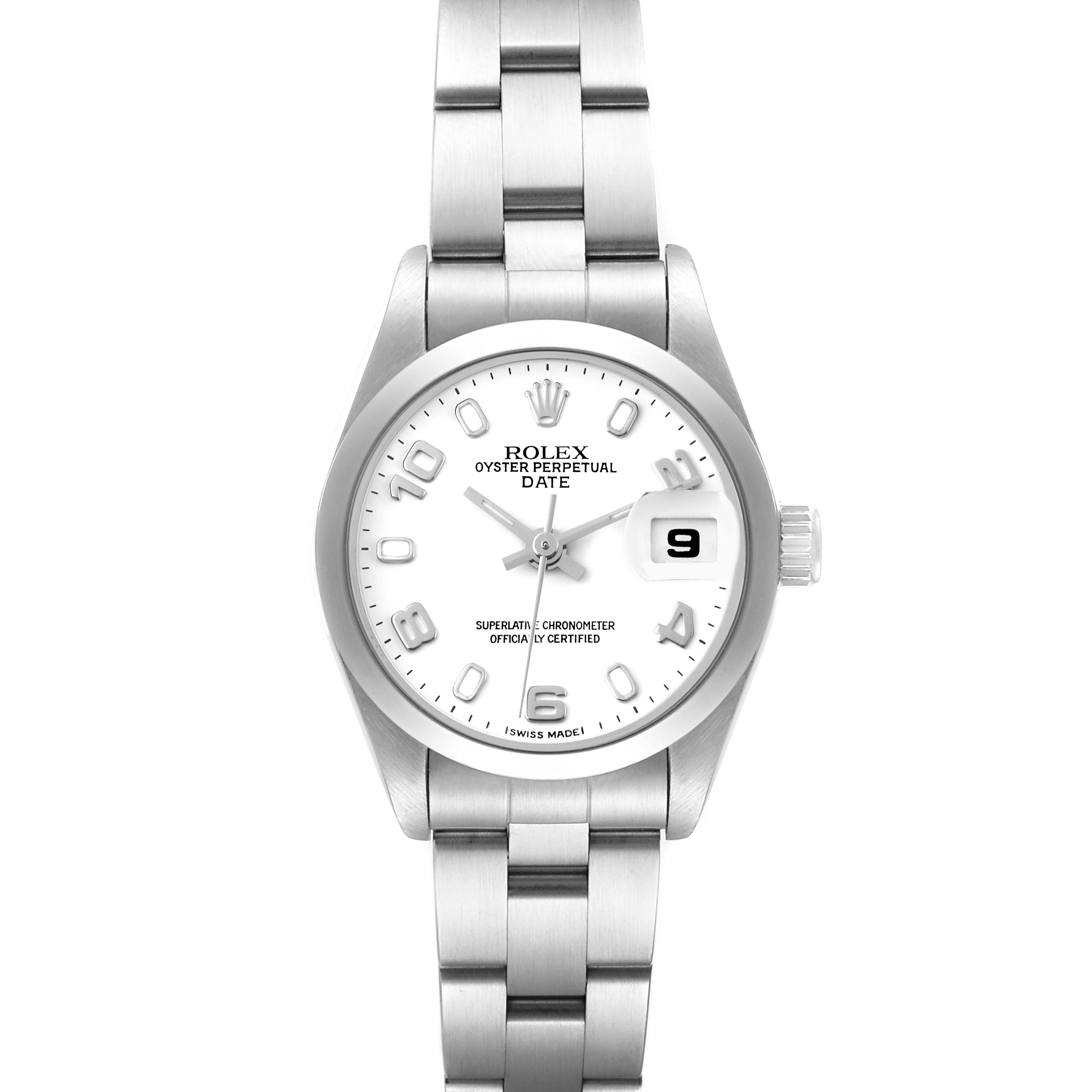 The image shows the front view of a Rolex Oyster Perpetual Date model watch, highlighting the dial, bracelet, and date window.