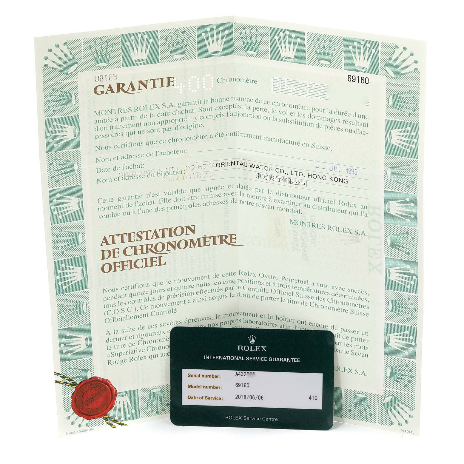 The image shows warranty and service guarantee documents for a Rolex Date 69160 Women
s Stainless Steel White Dial 69160 Women
s Stainless Steel White Dial model.