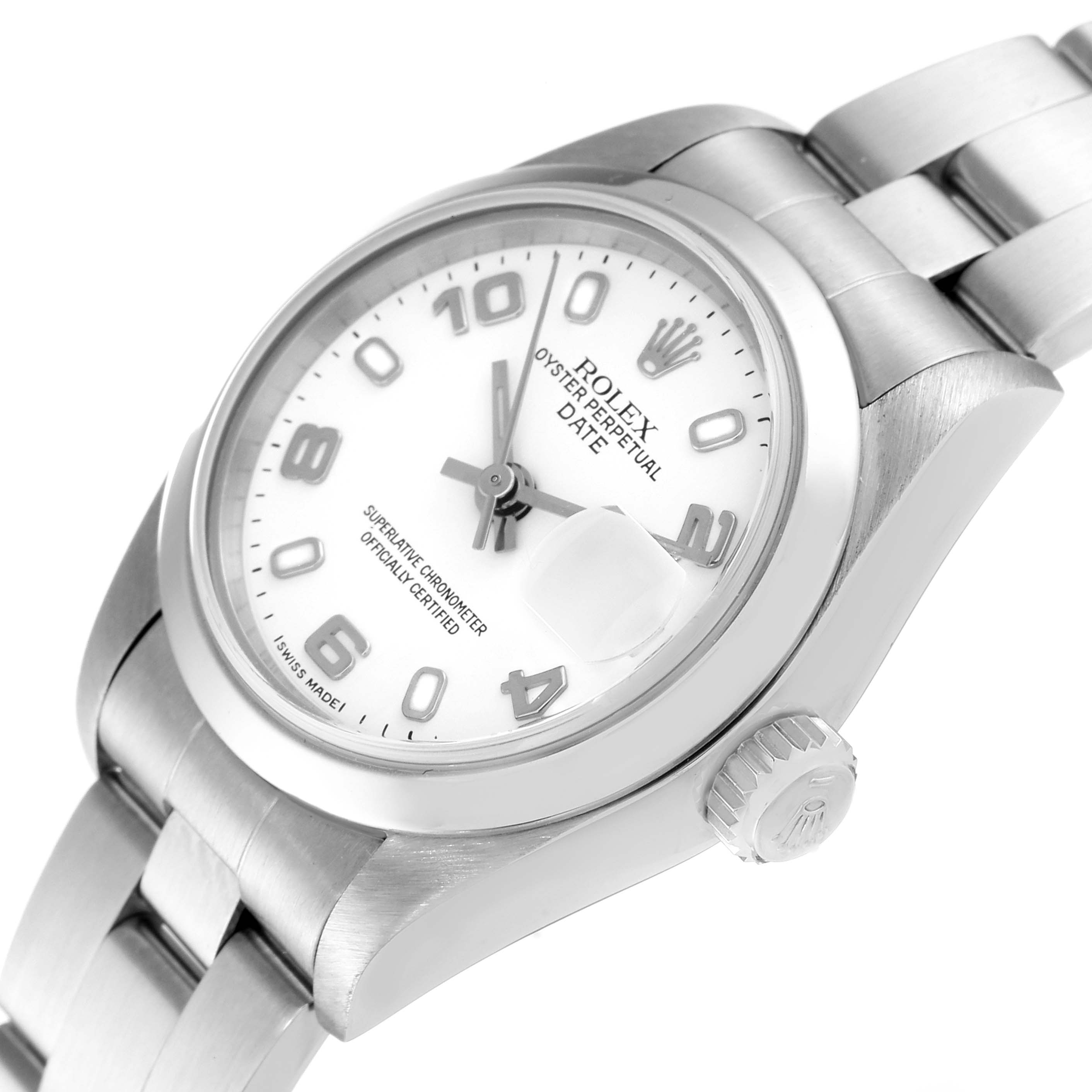 The image shows a Rolex Date 69160 Women
s Stainless Steel White Dial 69160 Women
s Stainless Steel White Dial model watch at a 3/4 angle, highlighting the dial, date window with cyclops lens, and crown.