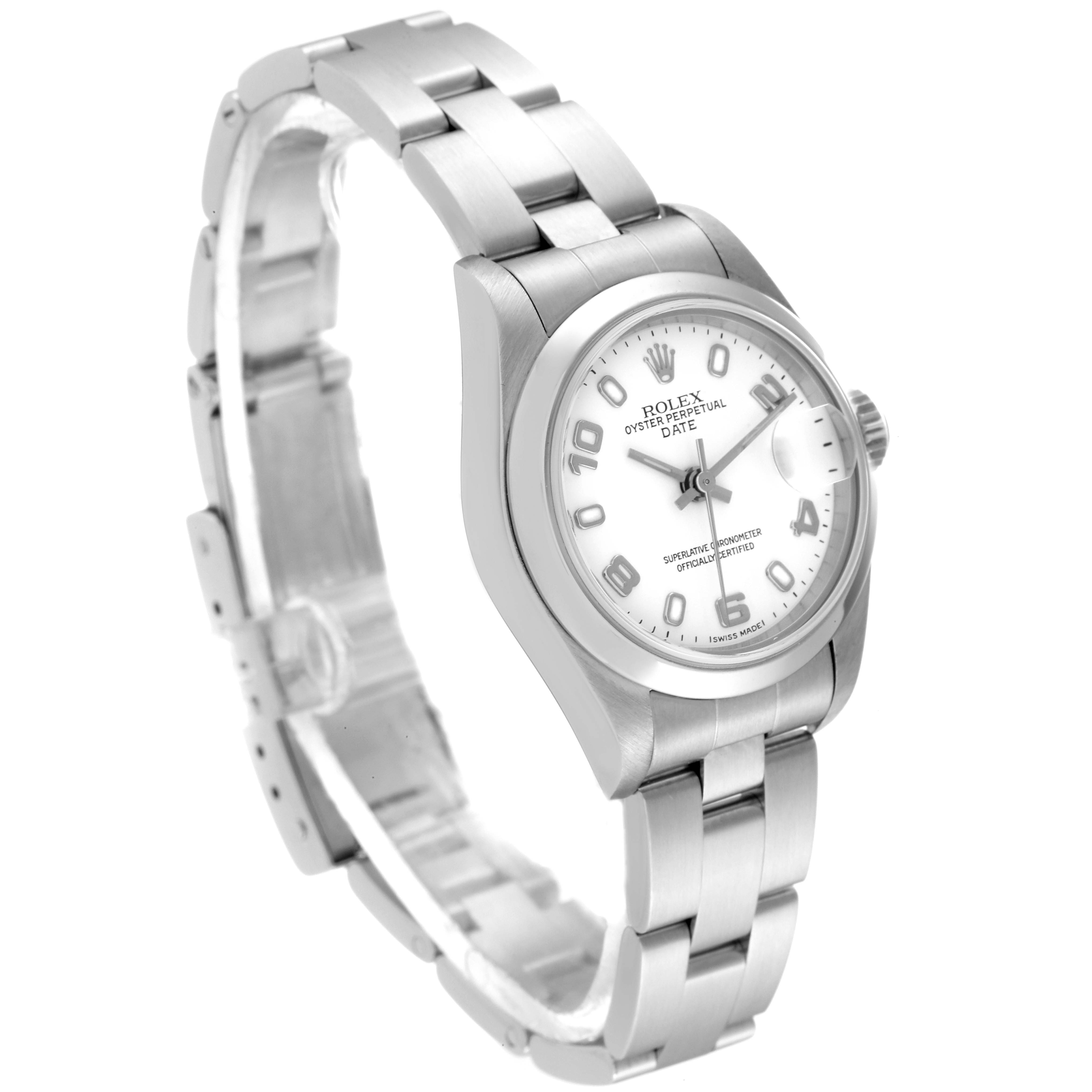 The image shows a side and partial top view of a Rolex Date 69160 Women
s Stainless Steel White Dial 69160 Women
s Stainless Steel White Dial model watch, highlighting the bracelet, case, and dial.