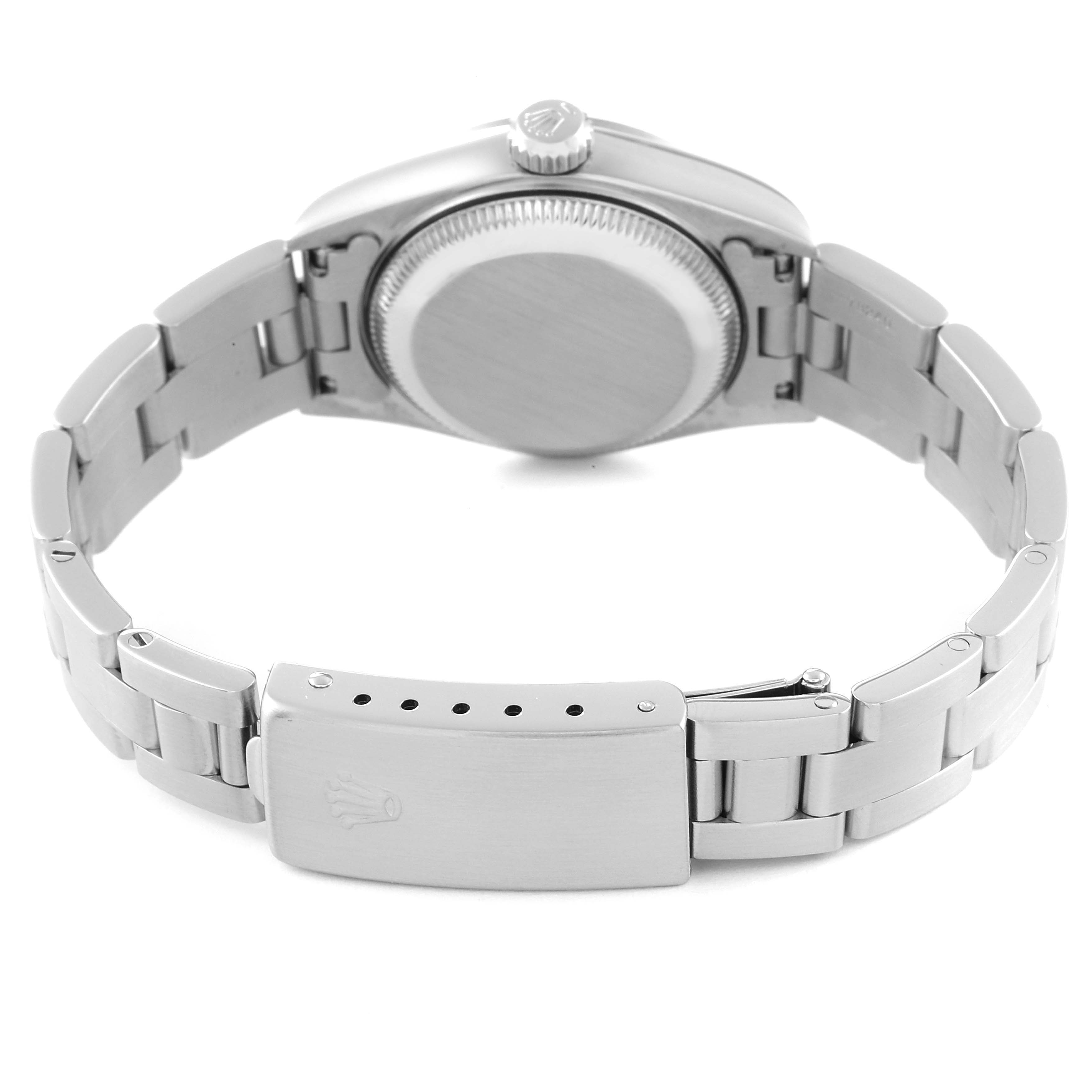 The image shows the back case and bracelet clasp of a Rolex Date 69160 Women
s Stainless Steel White Dial 69160 Women
s Stainless Steel White Dial model watch.