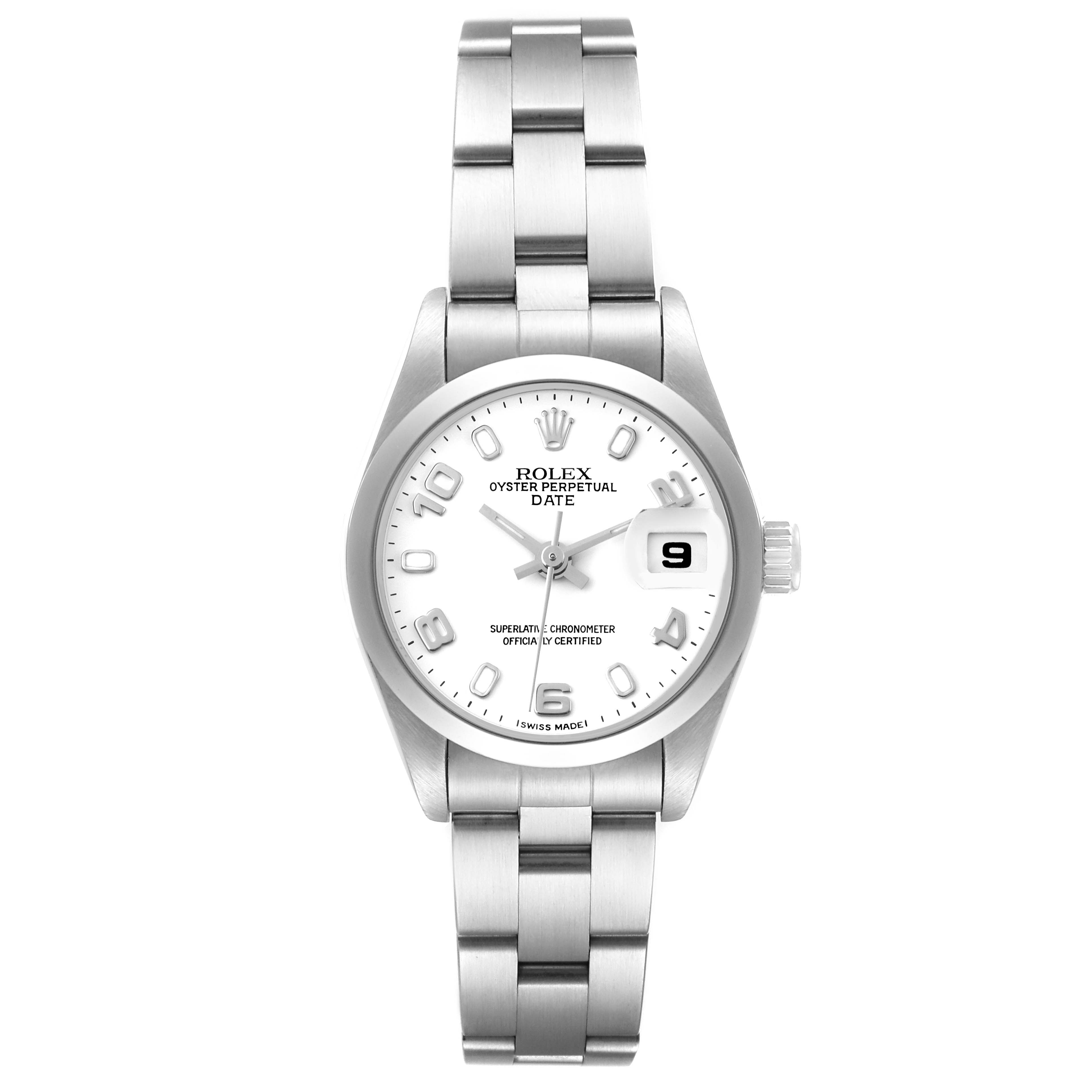 This image shows a front view of the Rolex Date 69160 Women
s Stainless Steel White Dial 69160 Women
s Stainless Steel White Dial model watch, displaying the dial, bezel, and bracelet.