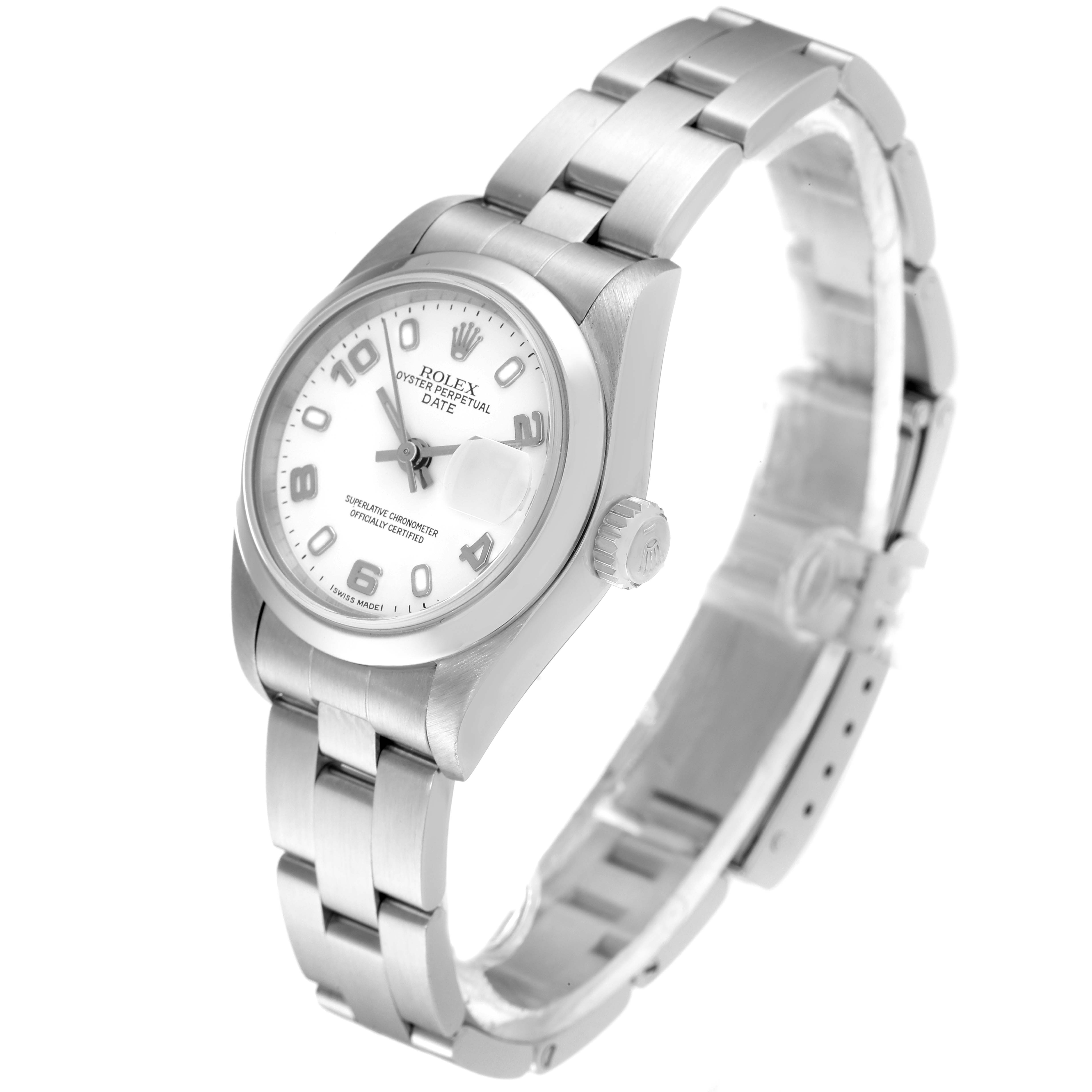 This image shows a Rolex Date 69160 Women
s Stainless Steel White Dial 69160 Women
s Stainless Steel White Dial model watch at an angled view, displaying the bezel, dial, crown, and bracelet.