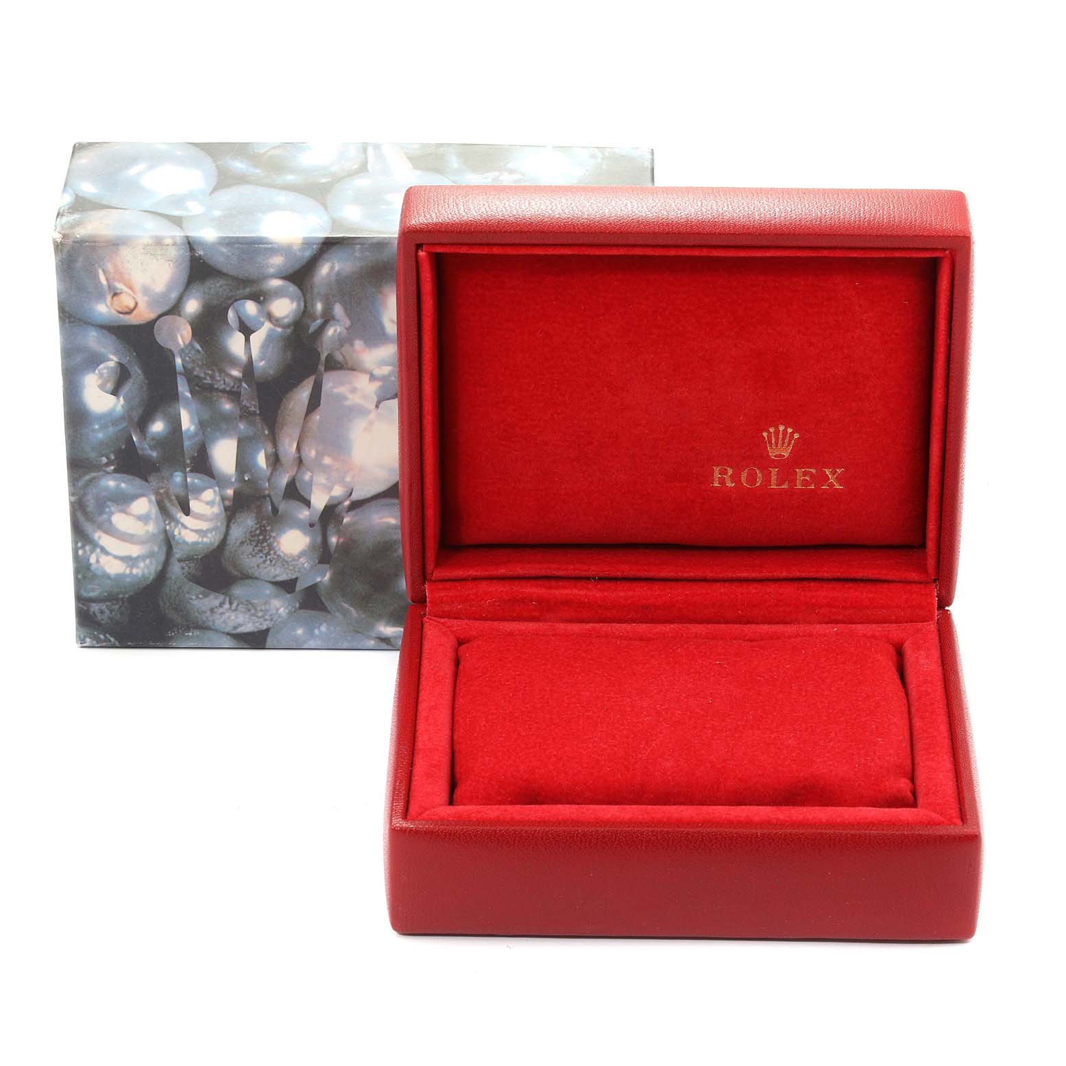 The image shows a red Rolex Datejust 69174 Women's Stainless Steel Pink Dial 69174 Women's Stainless Steel Pink Dial watch case and its exterior box.