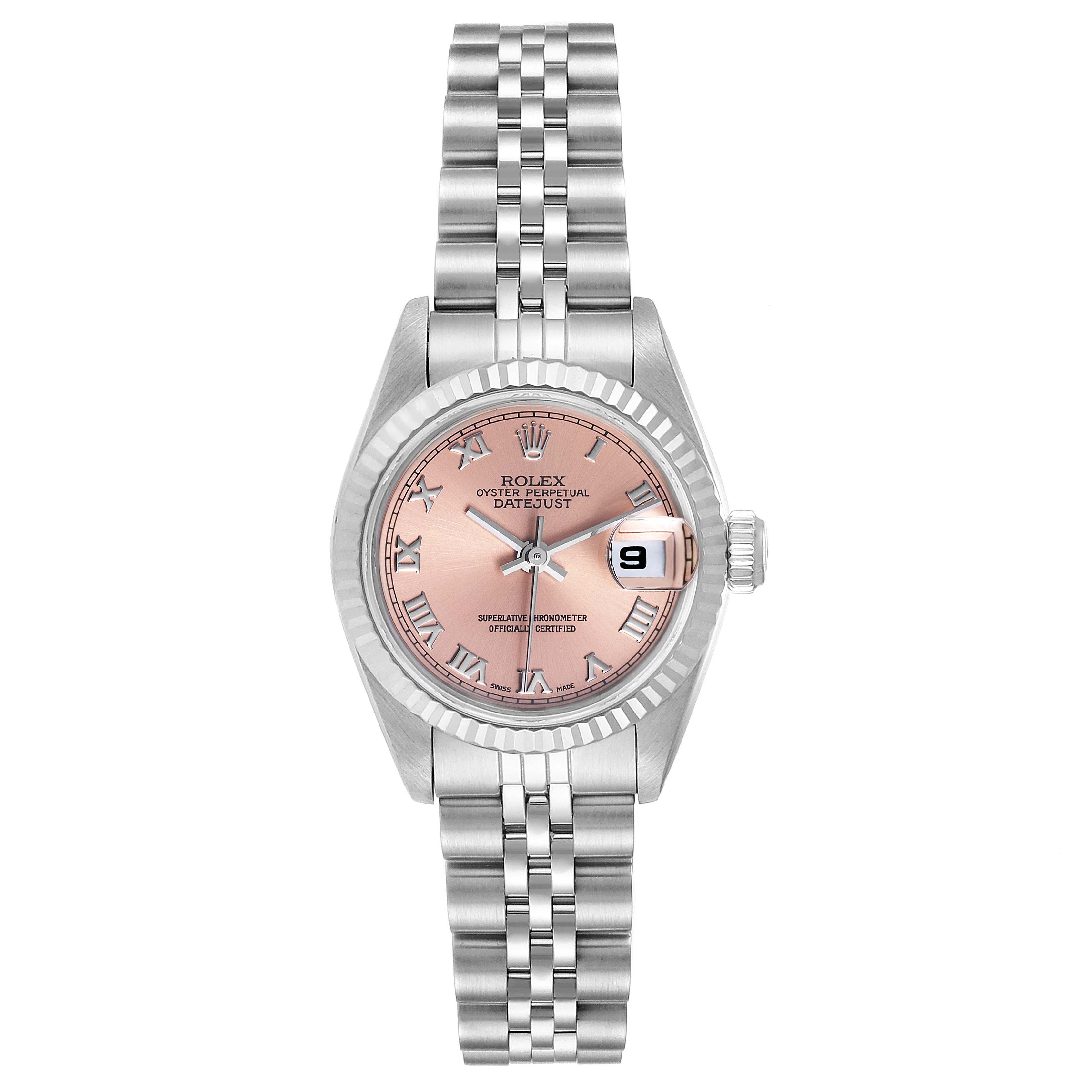 The image shows a Rolex Datejust 69174 Women's Stainless Steel Pink Dial 69174 Women's Stainless Steel Pink Dial watch, head-on, displaying its pink face, Roman numeral markers, and bracelet.