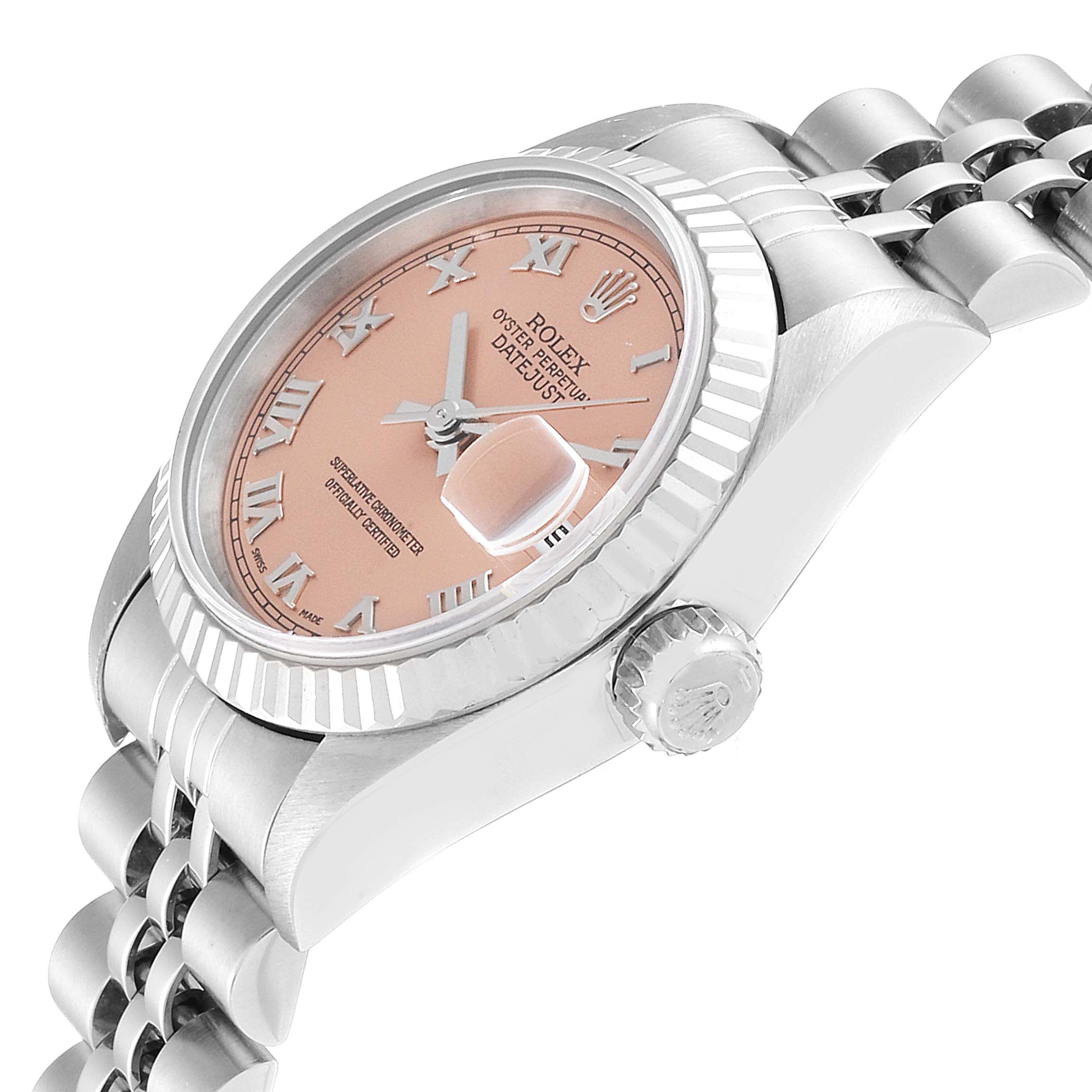 This image shows a side angle of a Rolex Datejust 69174 Women's Stainless Steel Pink Dial 69174 Women's Stainless Steel Pink Dial watch featuring the crown, bracelet, and fluted bezel.