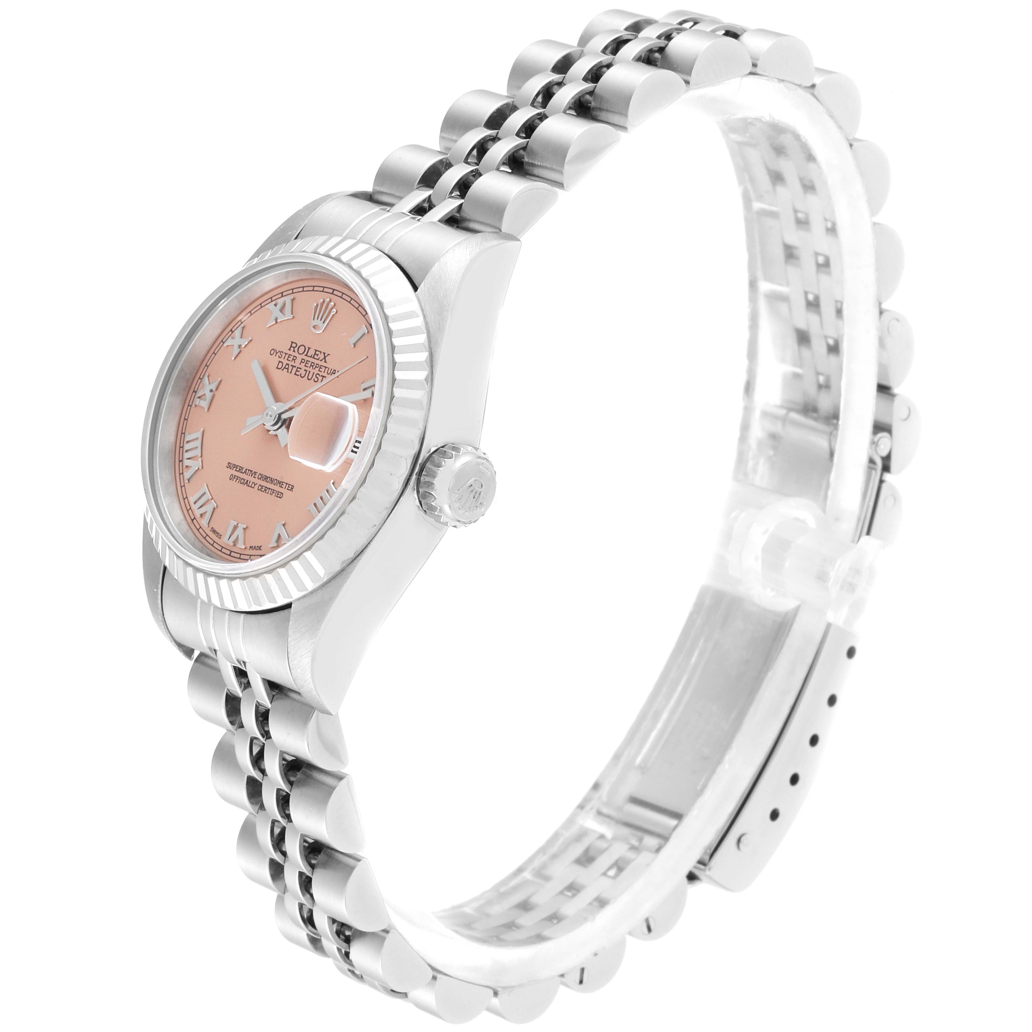 The Rolex Datejust 69174 Women's Stainless Steel Pink Dial 69174 Women's Stainless Steel Pink Dial watch is shown from an angled side view, highlighting the pink dial, bezel, and Jubilee bracelet.