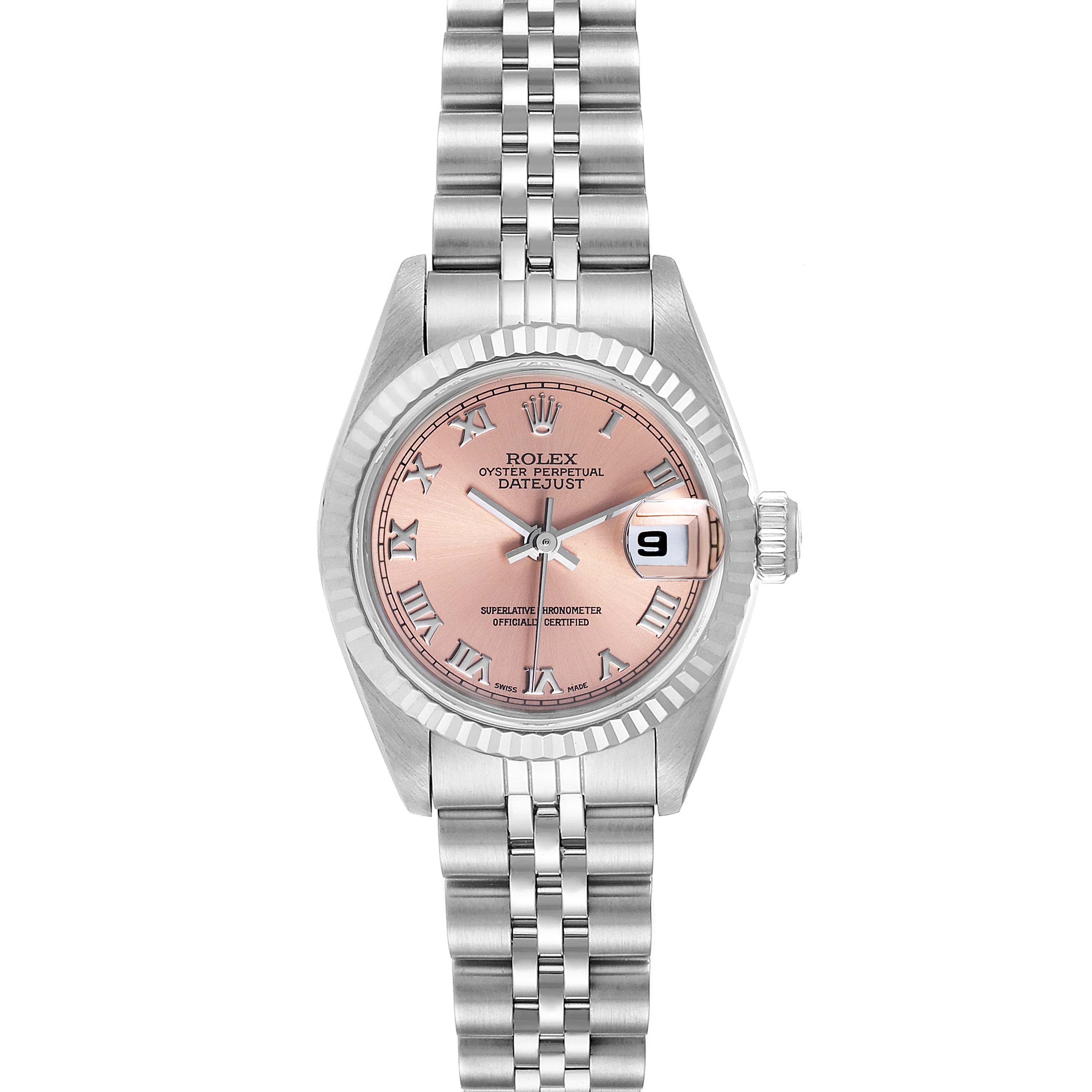 The image shows a Rolex Datejust 69174 Women's Stainless Steel Pink Dial 69174 Women's Stainless Steel Pink Dial watch from a front angle, highlighting its pink dial, jubilee bracelet, and date window at 3 o'clock.