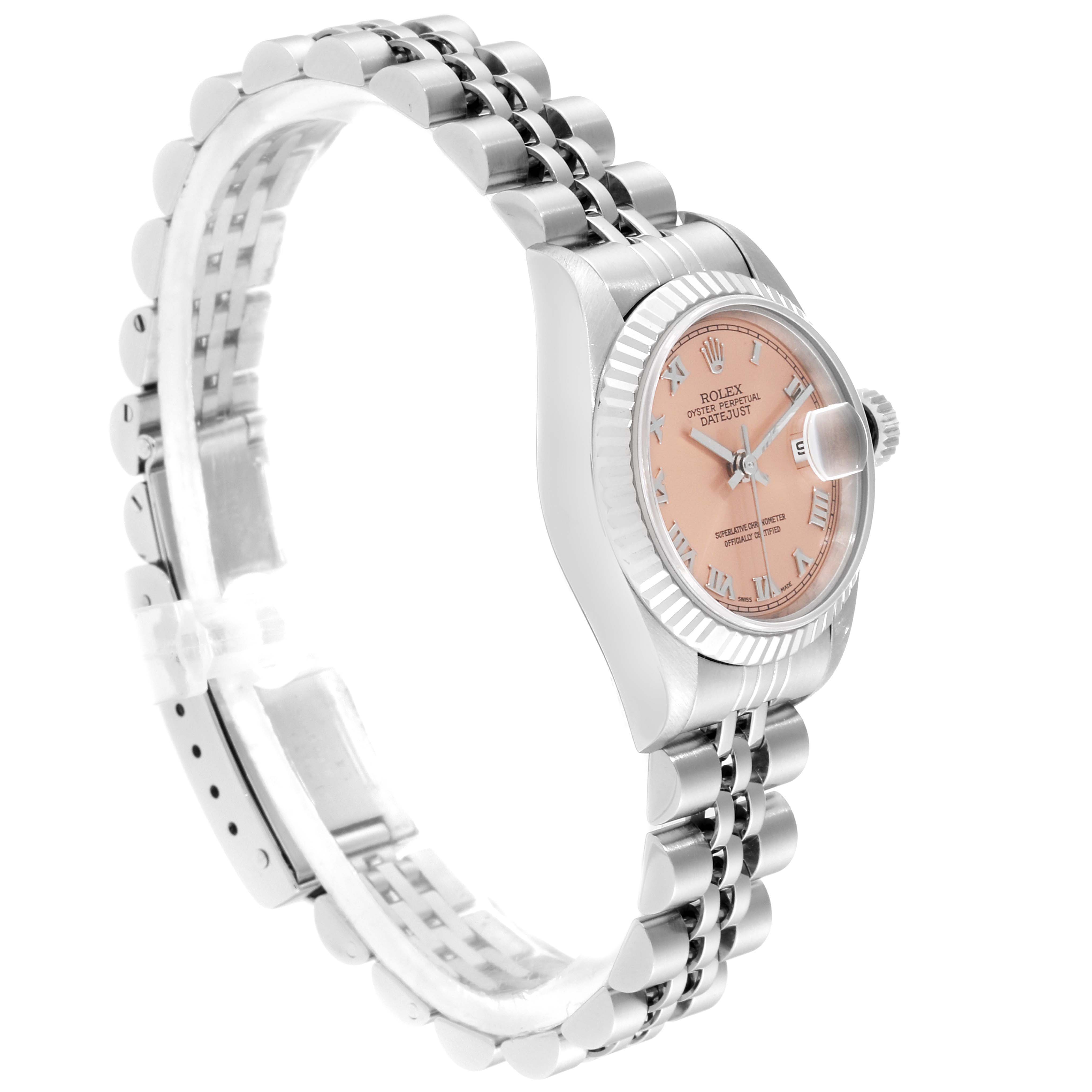 The image shows a Rolex Datejust 69174 Women's Stainless Steel Pink Dial 69174 Women's Stainless Steel Pink Dial watch at a slight side angle, highlighting the case, bezel, dial, and bracelet.