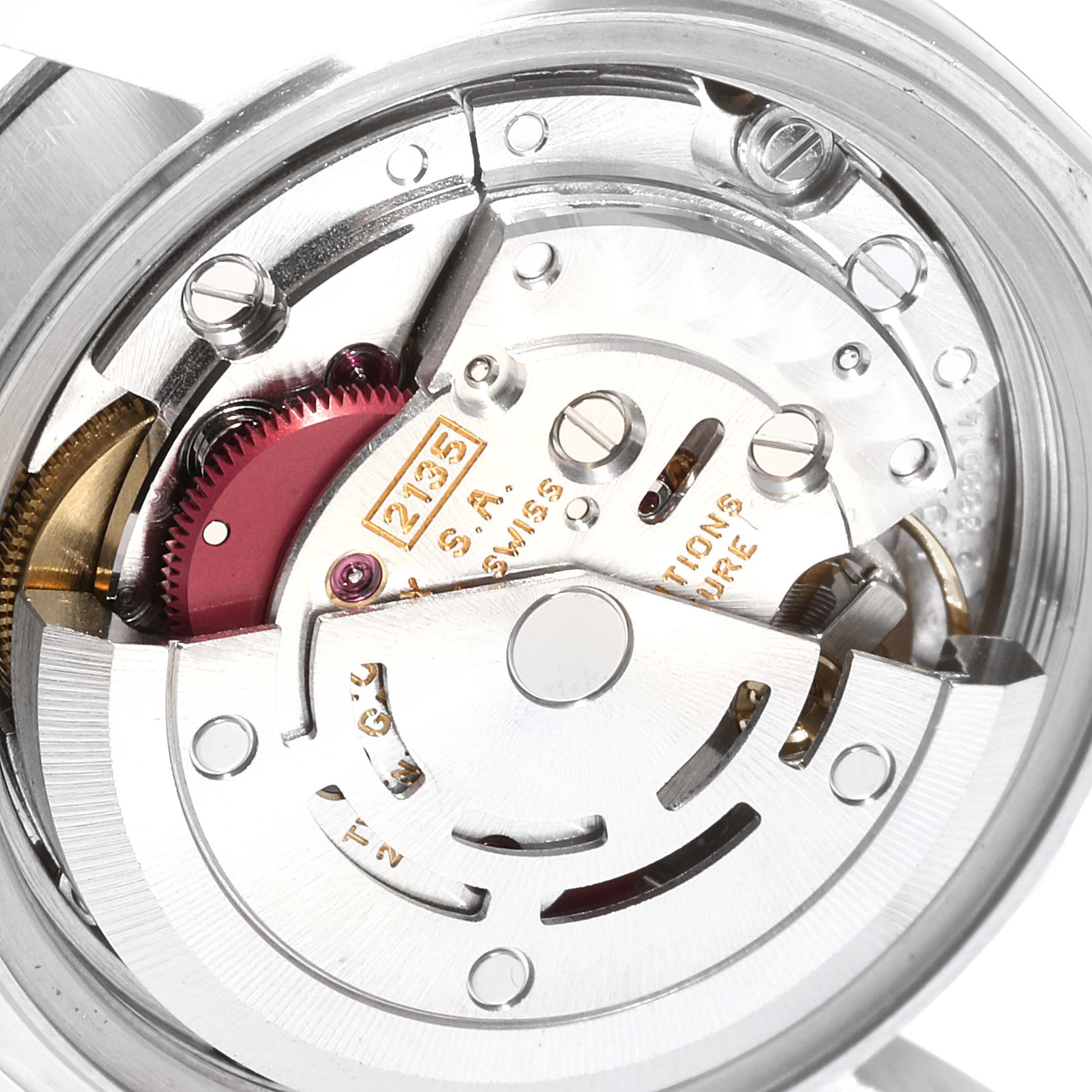 This image shows the internal movement mechanism of a Rolex Datejust 69174 Women's Stainless Steel Pink Dial 69174 Women's Stainless Steel Pink Dial watch at a close-up angle.