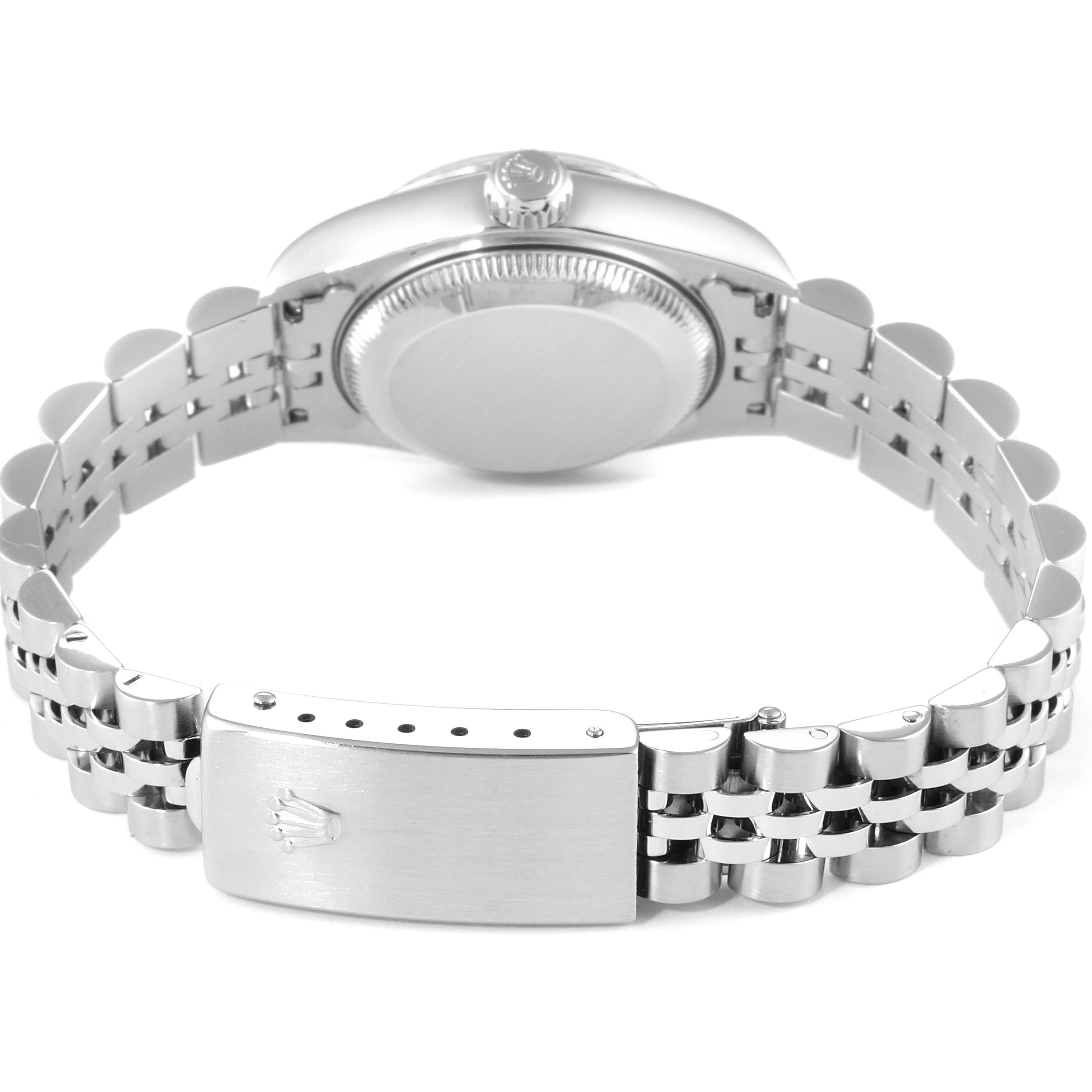 The image shows the back view of the Rolex Datejust 69174 Women's Stainless Steel Pink Dial 69174 Women's Stainless Steel Pink Dial watch, including the case back, crown, and Jubilee bracelet with clasp.