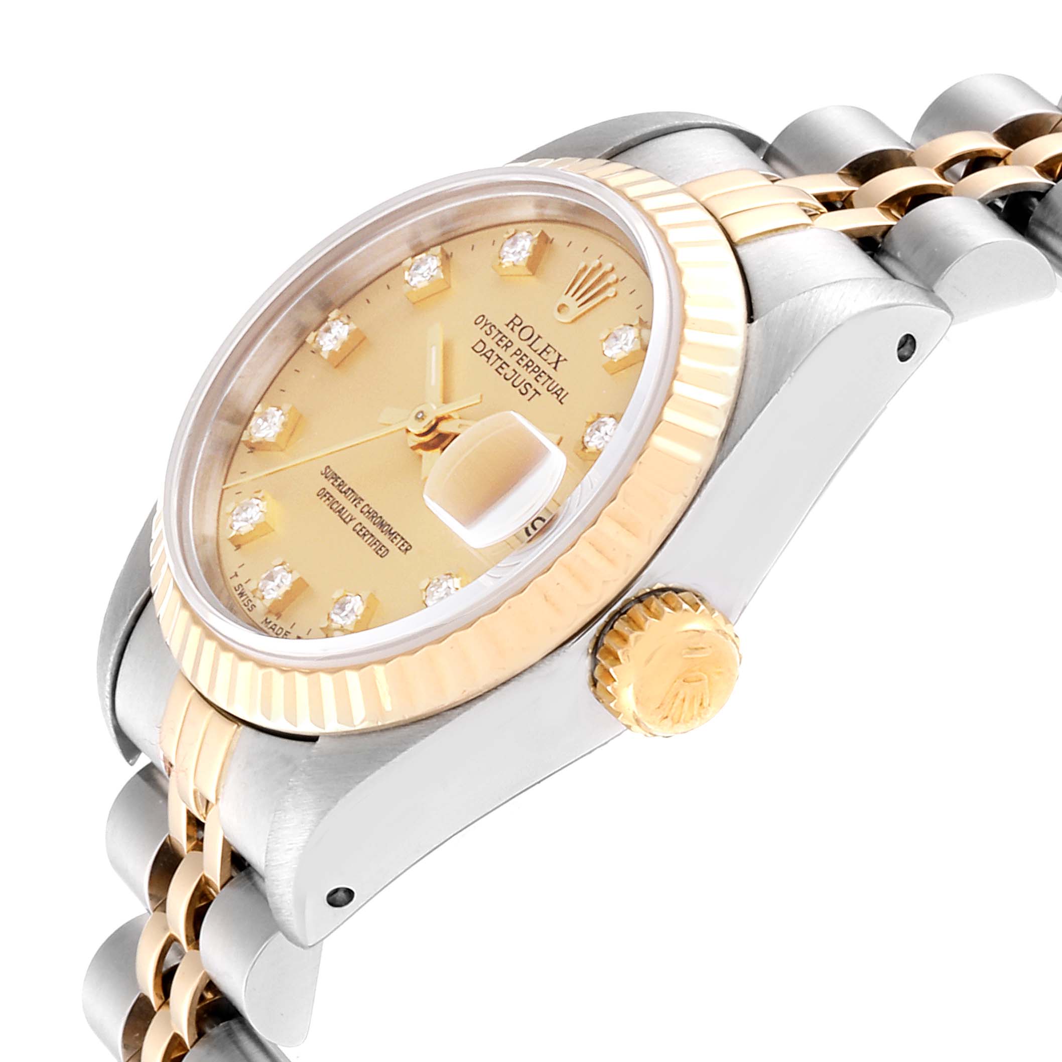 The image shows a side angle of a Rolex Datejust 69173 Women
s Steel and Gold (two tone) Champagne Dial 69173 Women
s Steel and Gold (two tone) Champagne Dial watch, highlighting its gold dial, crown, bezel, and part of the bracelet.