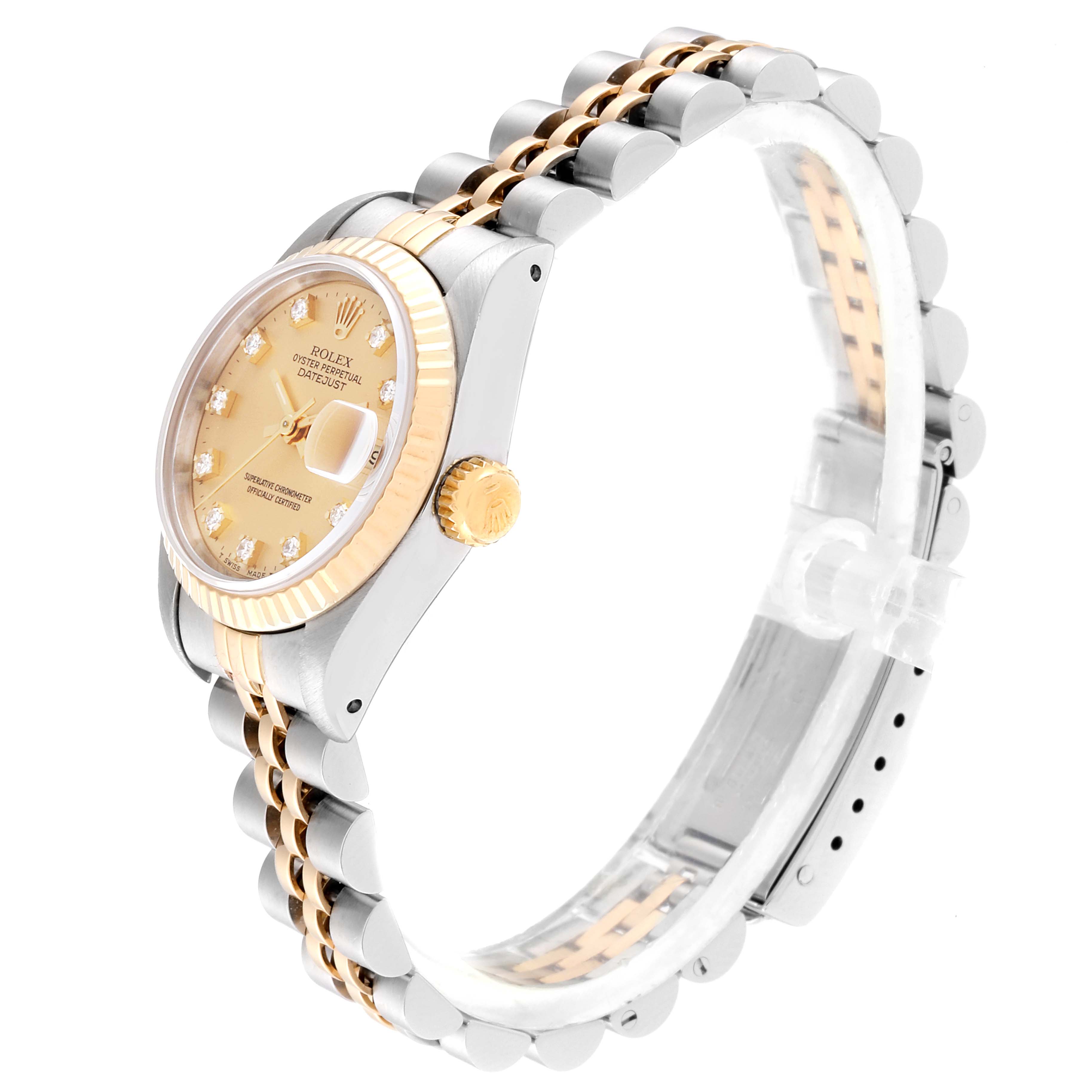 The image shows a side view of a Rolex Datejust 69173 Women
s Steel and Gold (two tone) Champagne Dial 69173 Women
s Steel and Gold (two tone) Champagne Dial, highlighting its bezel, crown, and two-tone bracelet.