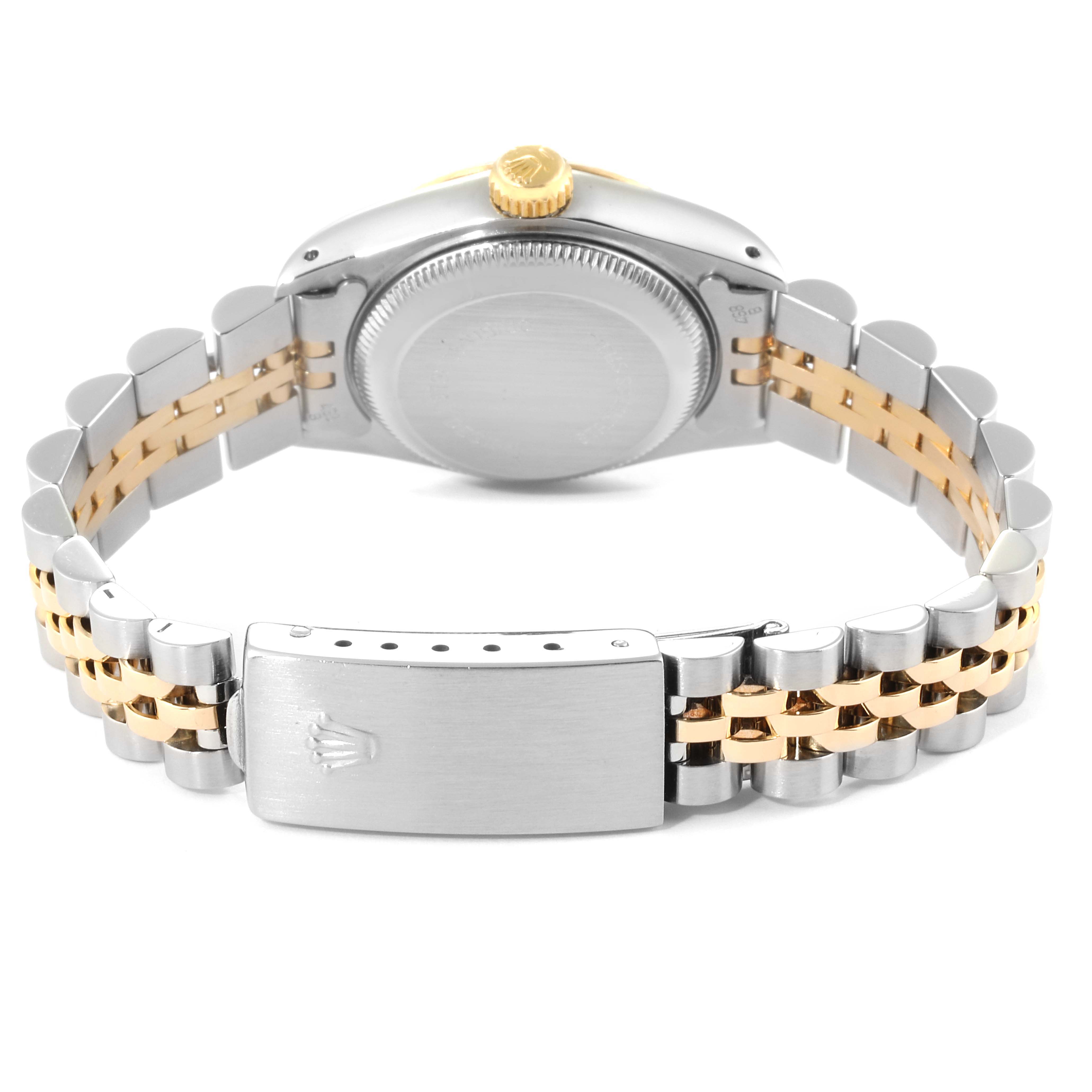 This image shows the back case and two-tone bracelet of a Rolex Datejust 69173 Women
s Steel and Gold (two tone) Champagne Dial 69173 Women
s Steel and Gold (two tone) Champagne Dial watch.