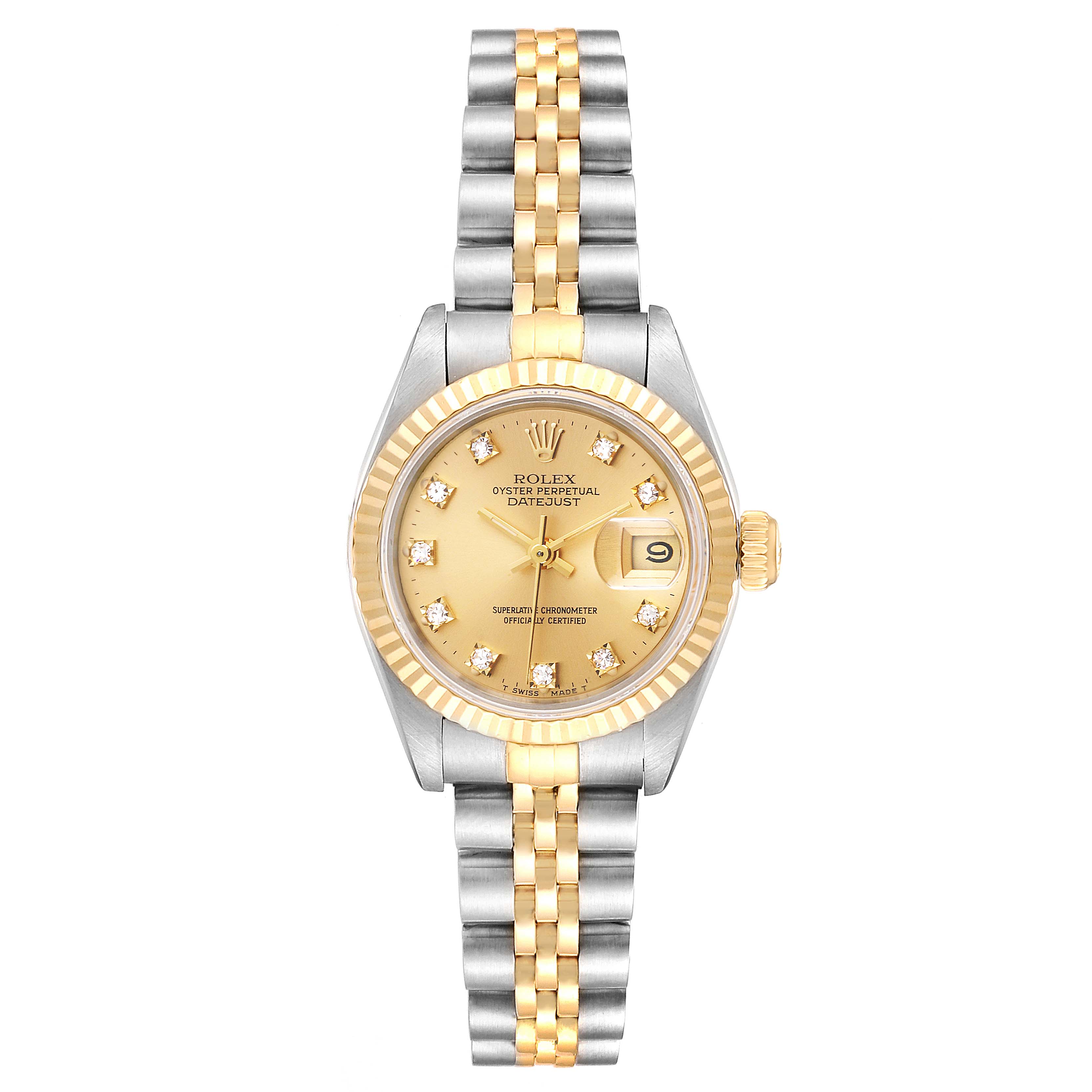 The image shows a front view of a Rolex Datejust 69173 Women
s Steel and Gold (two tone) Champagne Dial 69173 Women
s Steel and Gold (two tone) Champagne Dial watch, highlighting the dial, bezel, and two-tone bracelet.