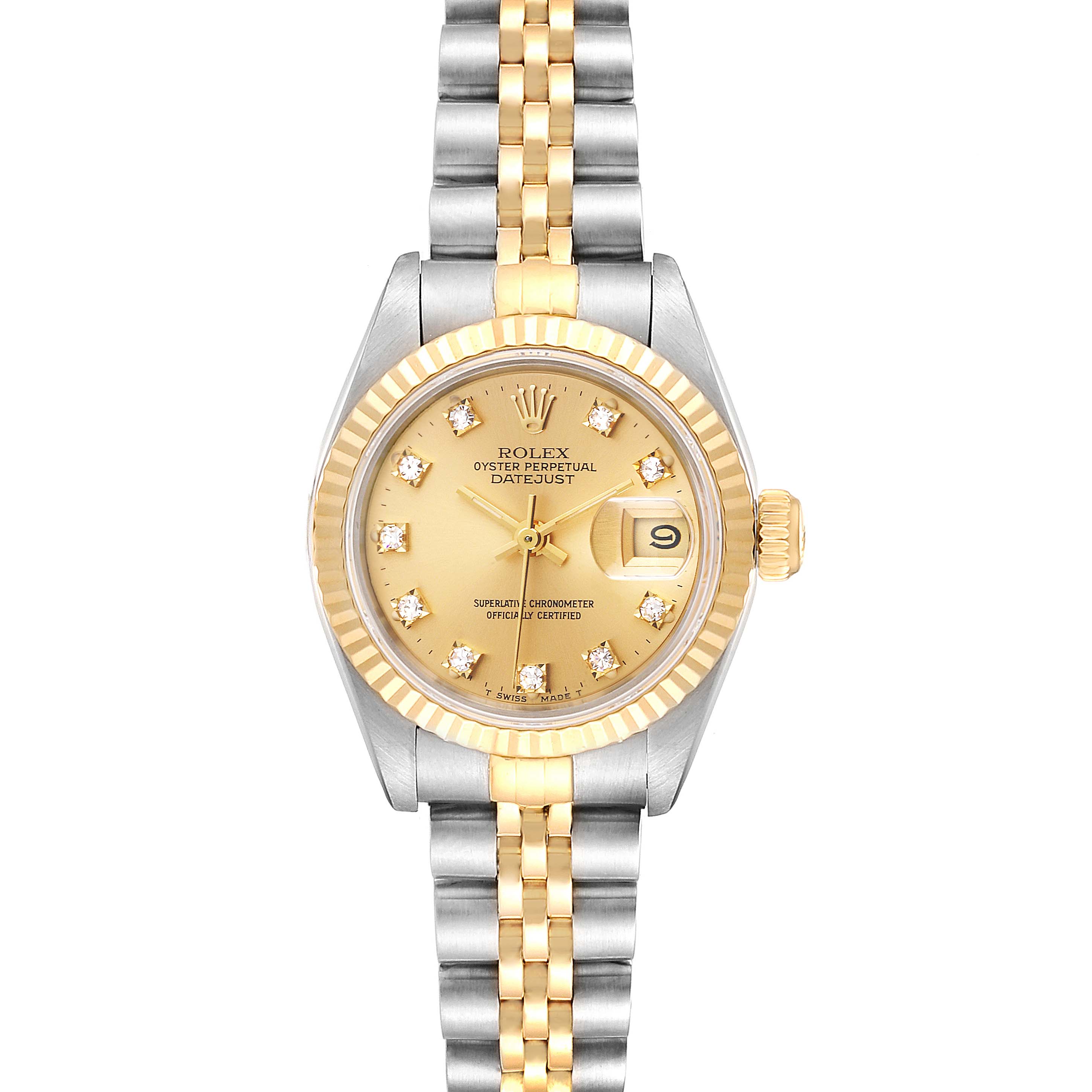 This image shows a frontal view of the Rolex Datejust 69173 Women
s Steel and Gold (two tone) Champagne Dial 69173 Women
s Steel and Gold (two tone) Champagne Dial watch displaying its dial, bezel, and bracelet.