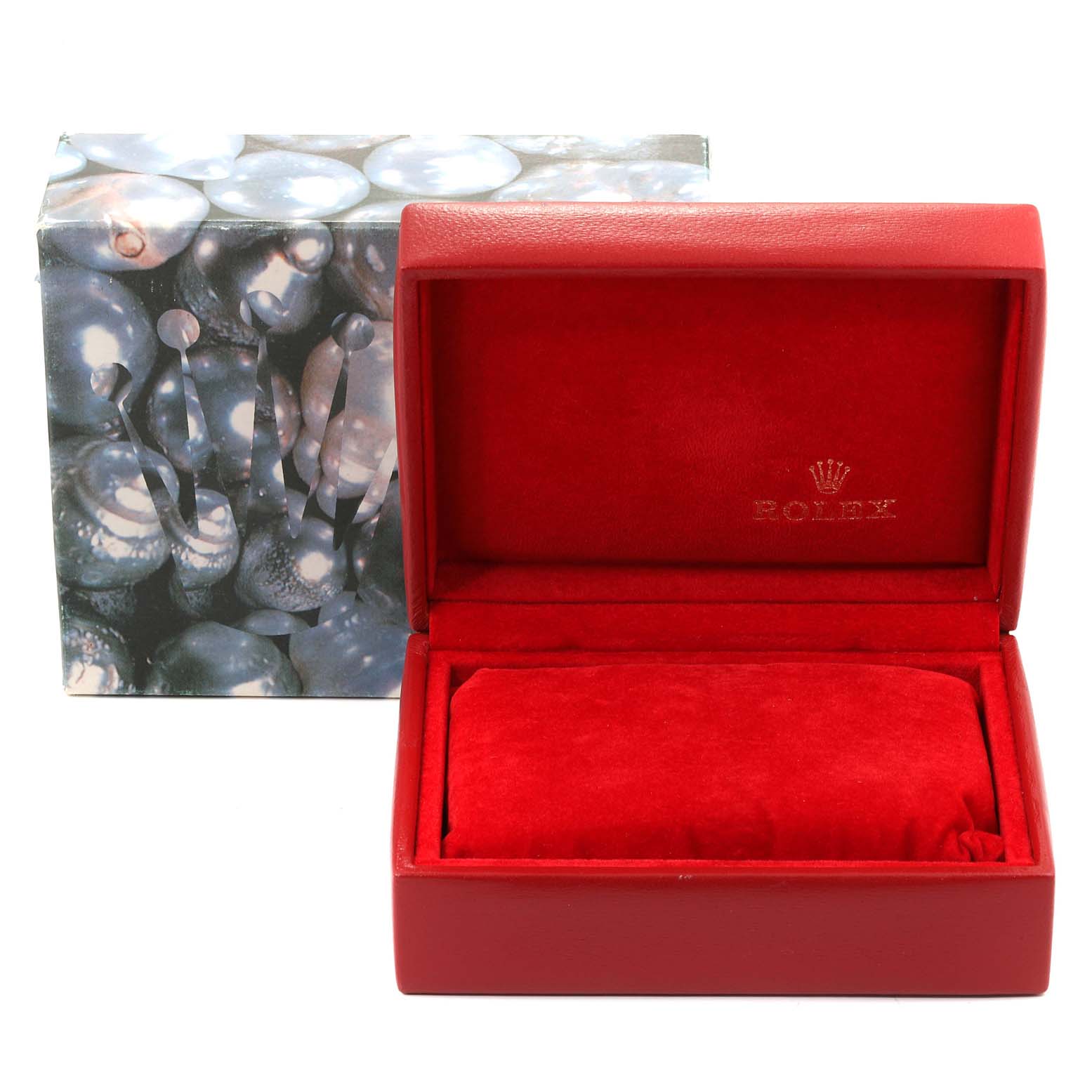 The image shows a Rolex Datejust 69173 Women
s Steel and Gold (two tone) Champagne Dial 69173 Women
s Steel and Gold (two tone) Champagne Dial watch box and case, featuring a red interior and exterior with a decorative outer box.