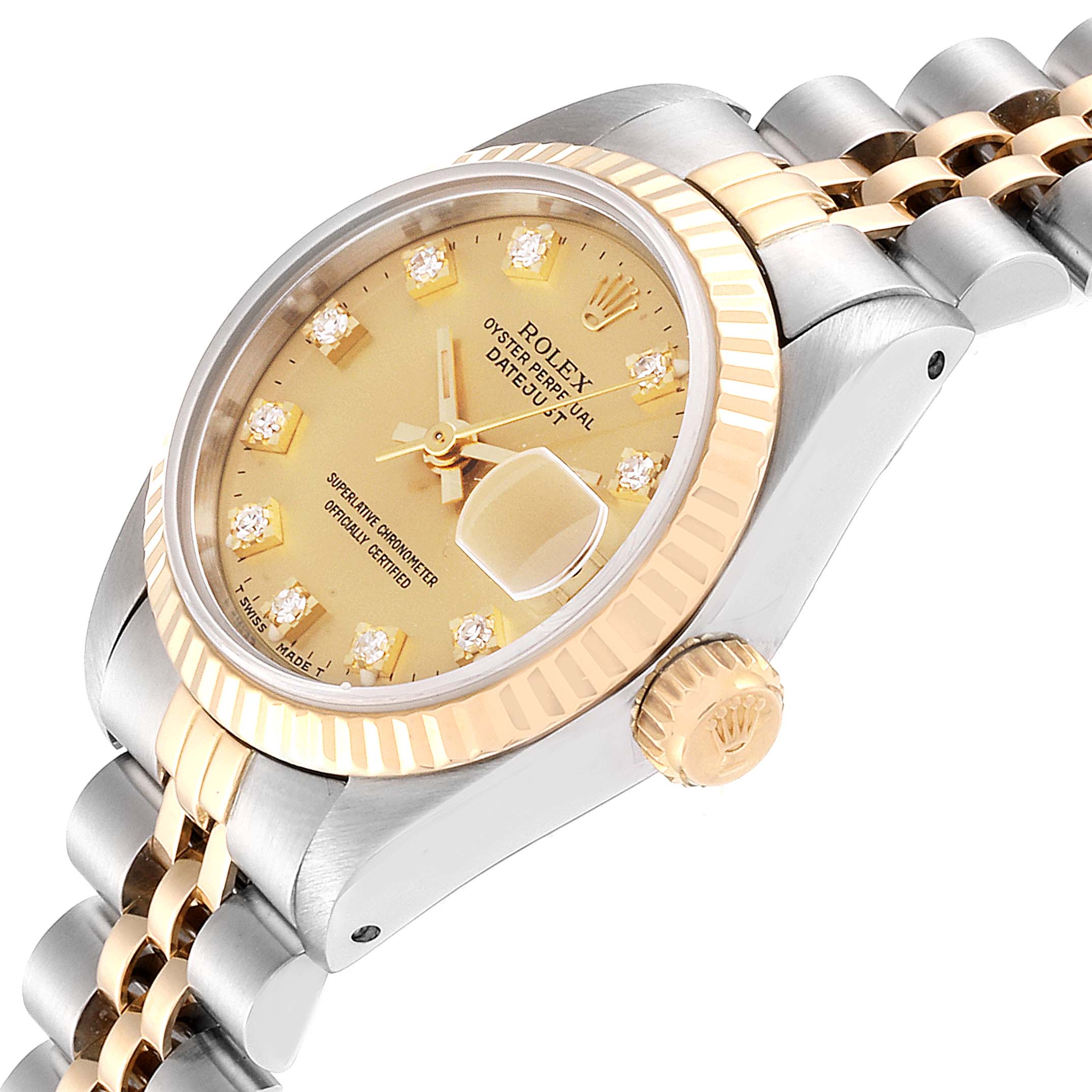 This image shows a 3/4 angle of a Rolex Datejust 69173 Women
s Steel and Gold (two tone) Champagne Dial 69173 Women
s Steel and Gold (two tone) Champagne Dial watch, featuring the dial, bezel, crown, and part of the bracelet.