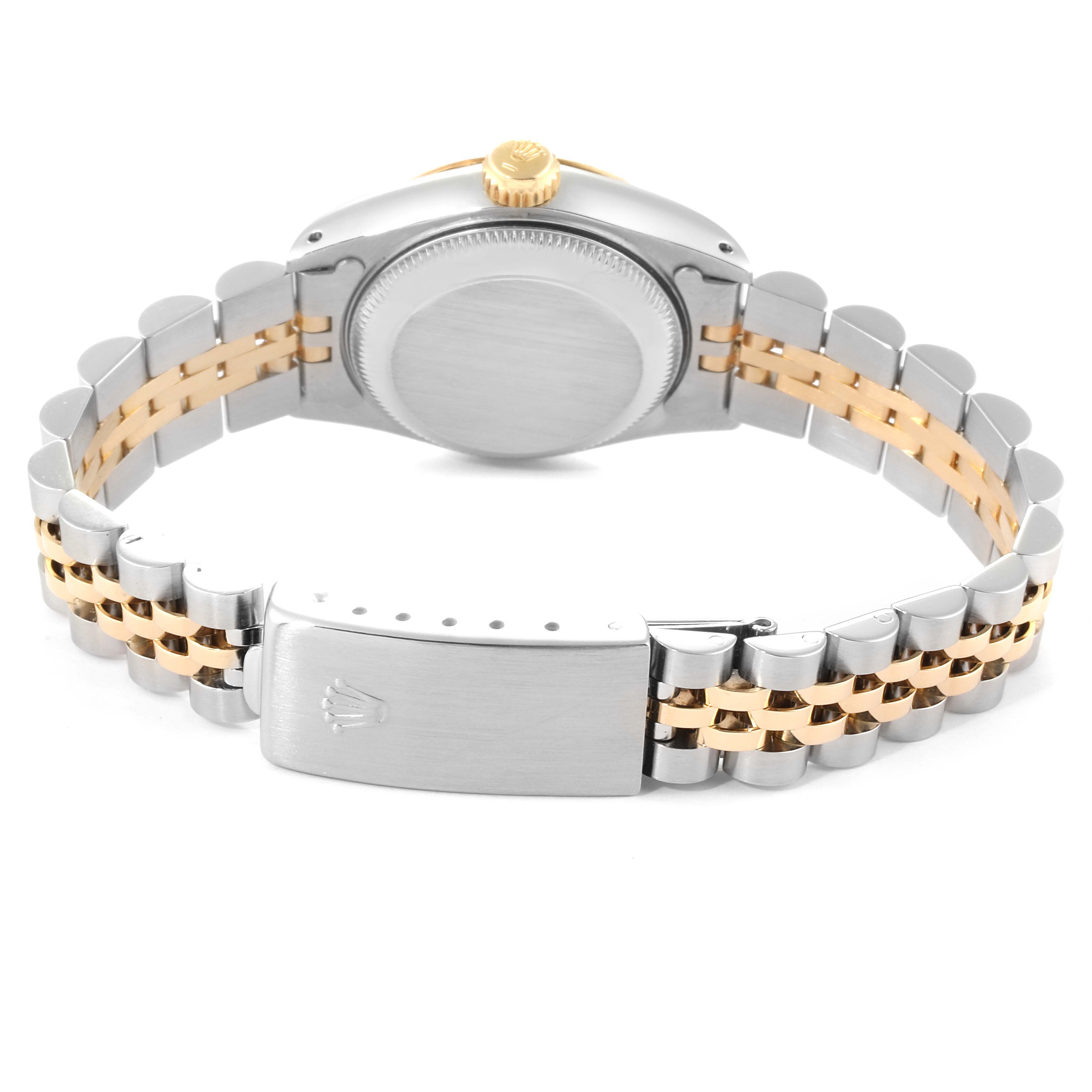 This image shows the back case and bracelet of the Rolex Datejust 69173 Women
s Steel and Gold (two tone) Champagne Dial 69173 Women
s Steel and Gold (two tone) Champagne Dial watch with a Jubilee band and closed clasp.