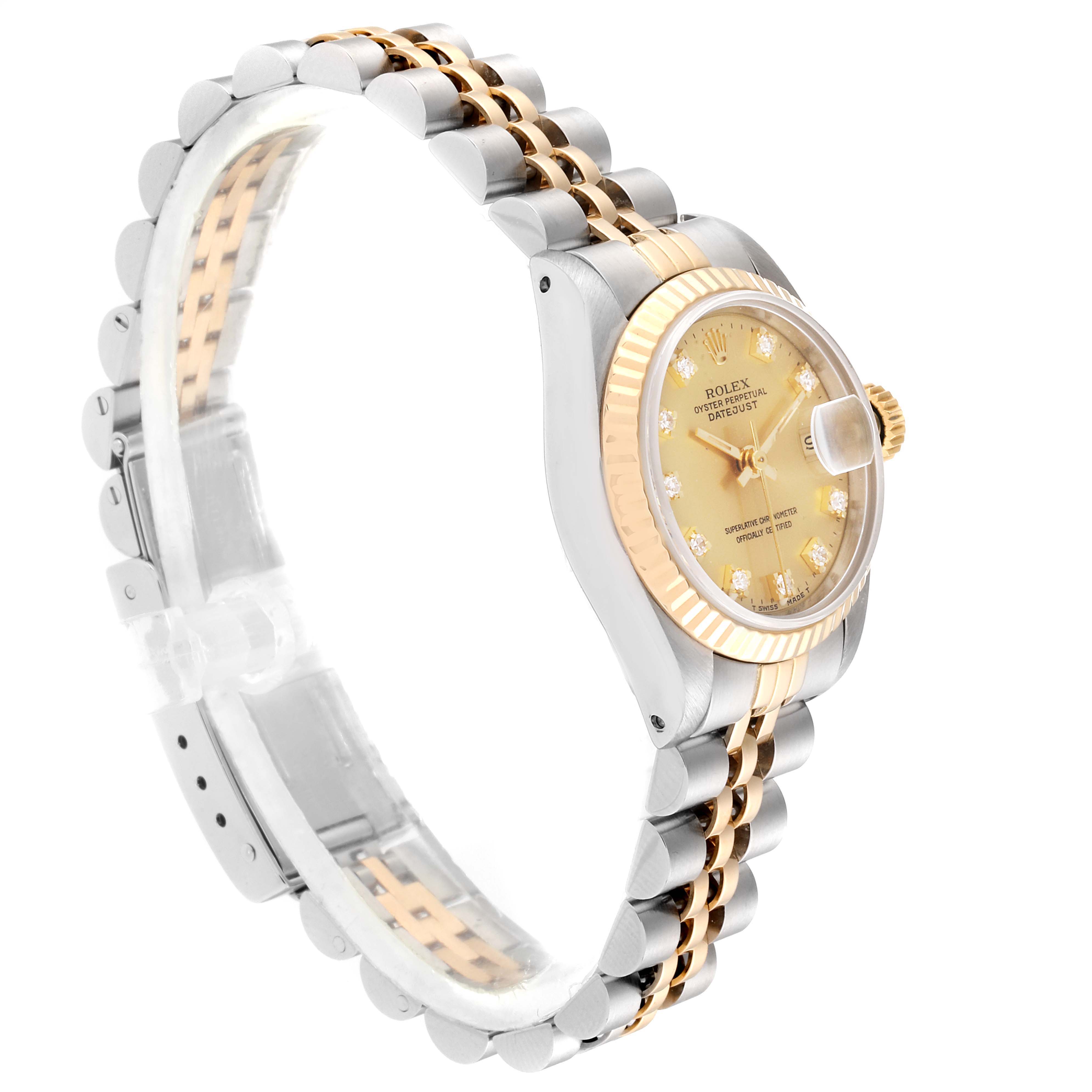 This image shows a Rolex Datejust 69173 Women
s Steel and Gold (two tone) Champagne Dial 69173 Women
s Steel and Gold (two tone) Champagne Dial watch at a side angle highlighting the bracelet and dial.